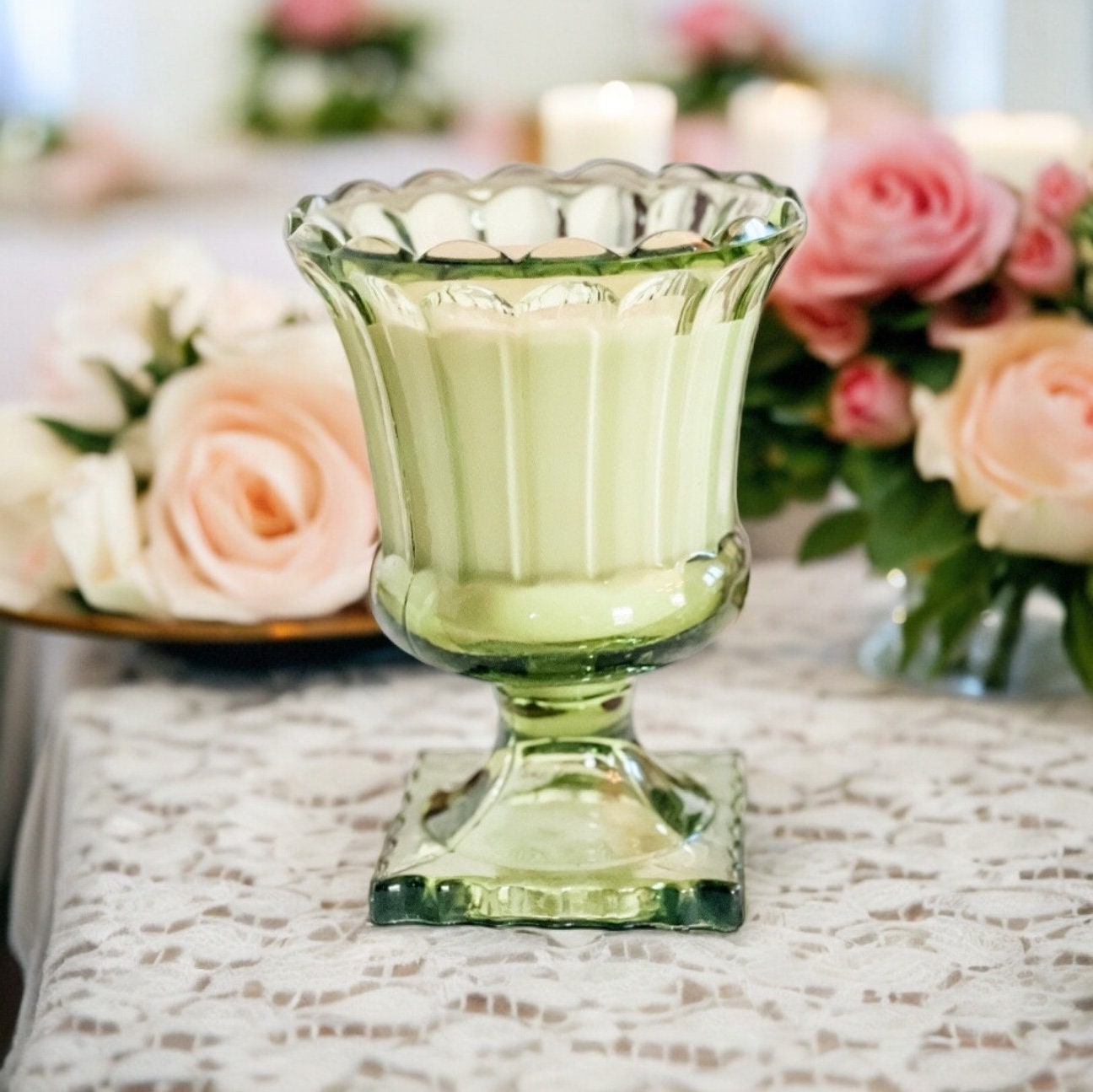 Vintage Olive Green Glass Candle - Cypress and Bayberry Scented Soy Candle