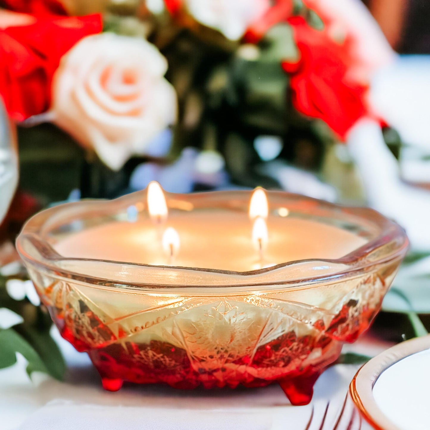 Hand Poured Soy Candle in Vintage Glass Bowl, Housewarming Gift, Fall Table Decor