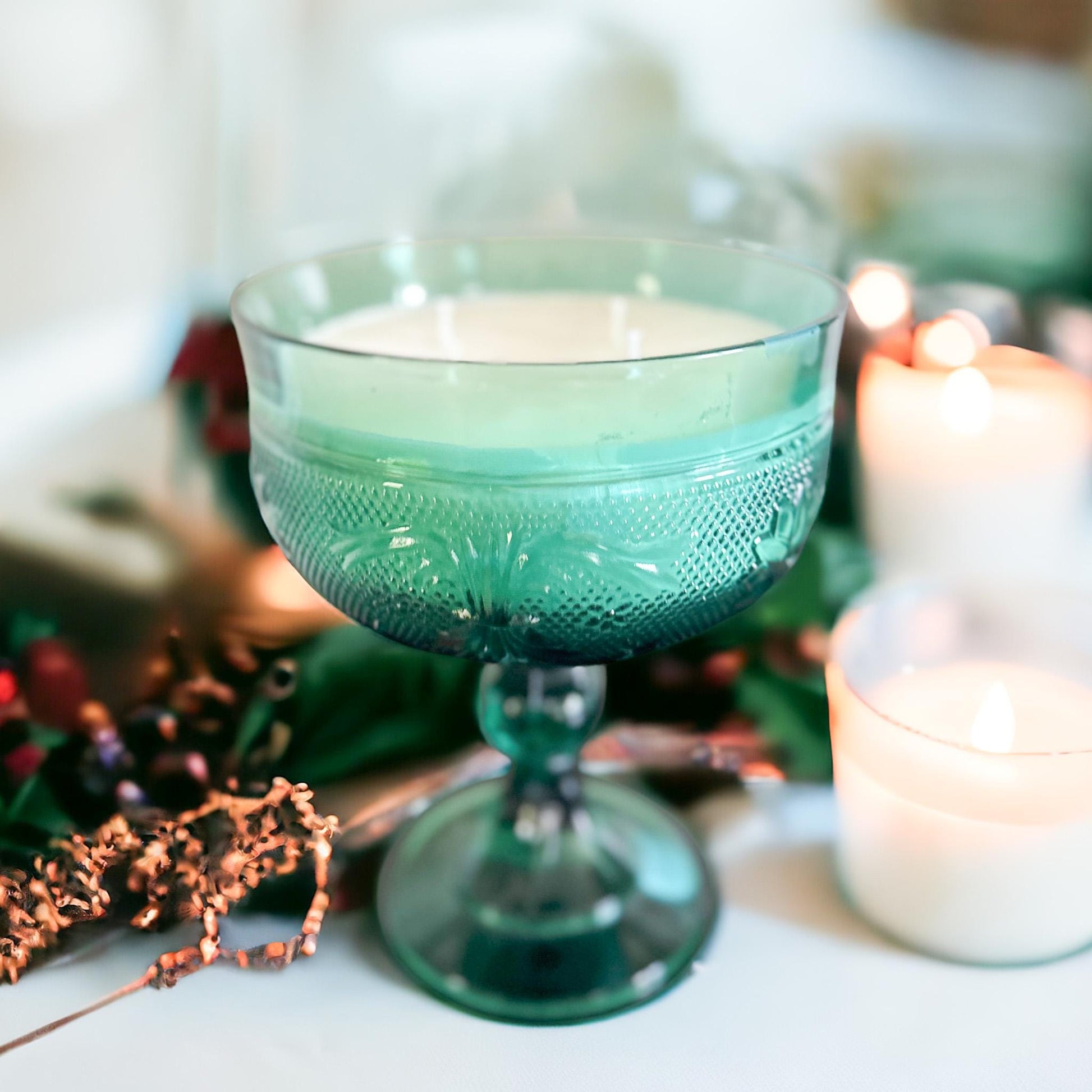 Hand Poured Soy Candle in Tiara Glass Compote, Unique Anniversary Gift, Vintage Home Decor