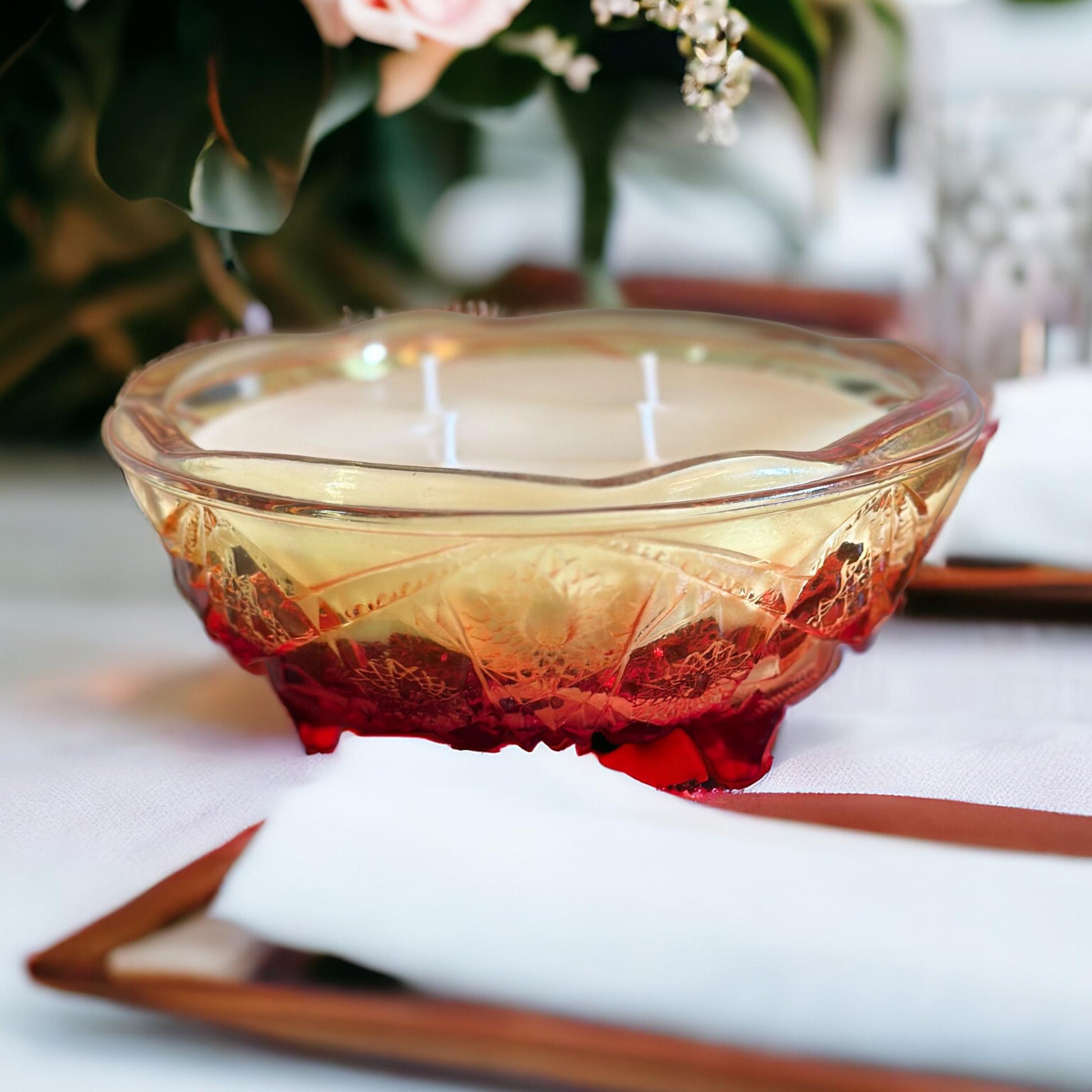 Hand Poured Soy Candle in Vintage Glass Bowl, Housewarming Gift, Fall Table Decor