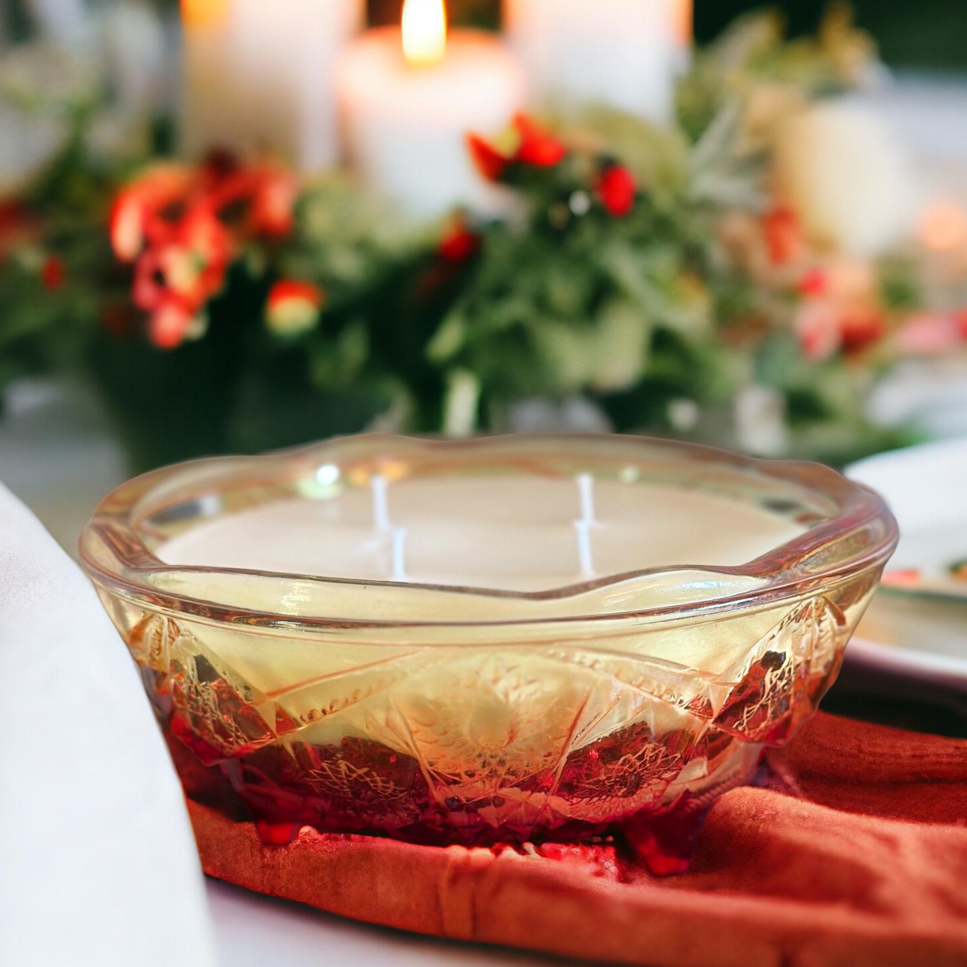 Hand Poured Soy Candle in Vintage Glass Bowl, Housewarming Gift, Fall Table Decor