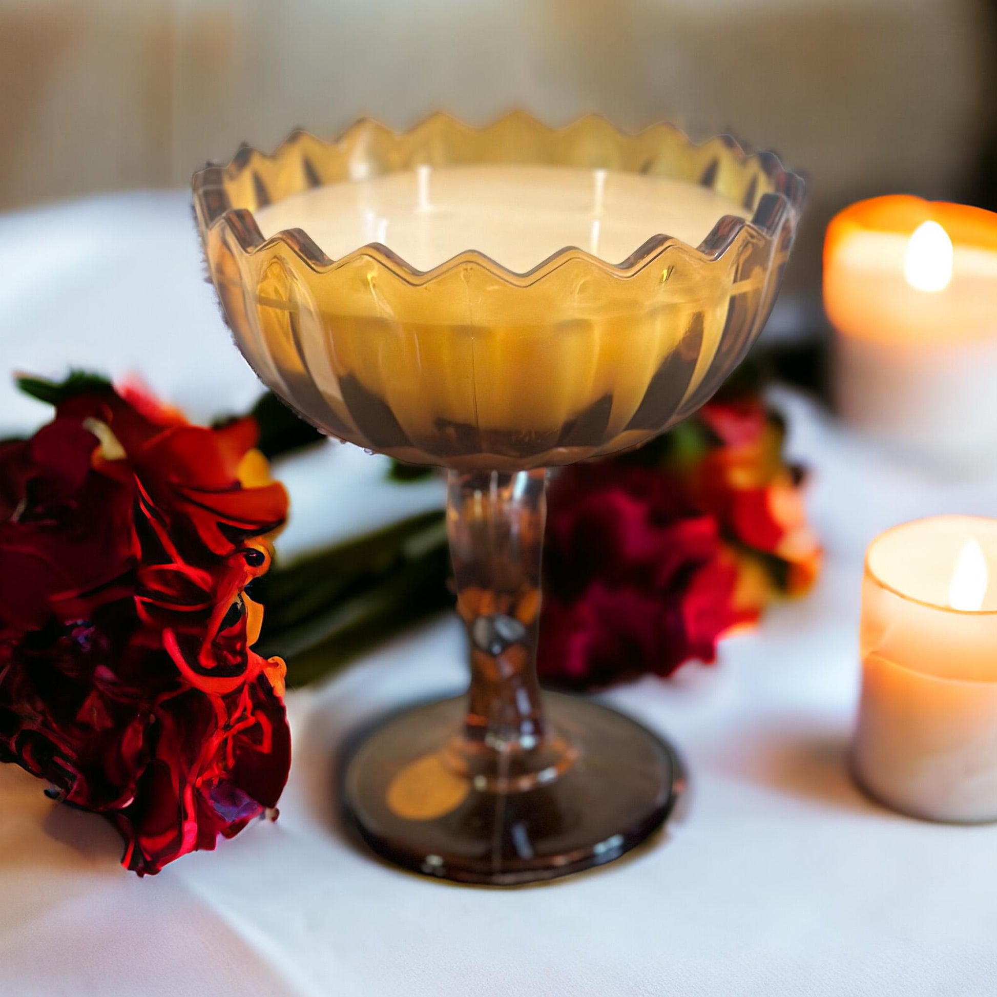 Fall Candle in Vintage Lotus Blossom Compote, Birthday Gift for Best Friend