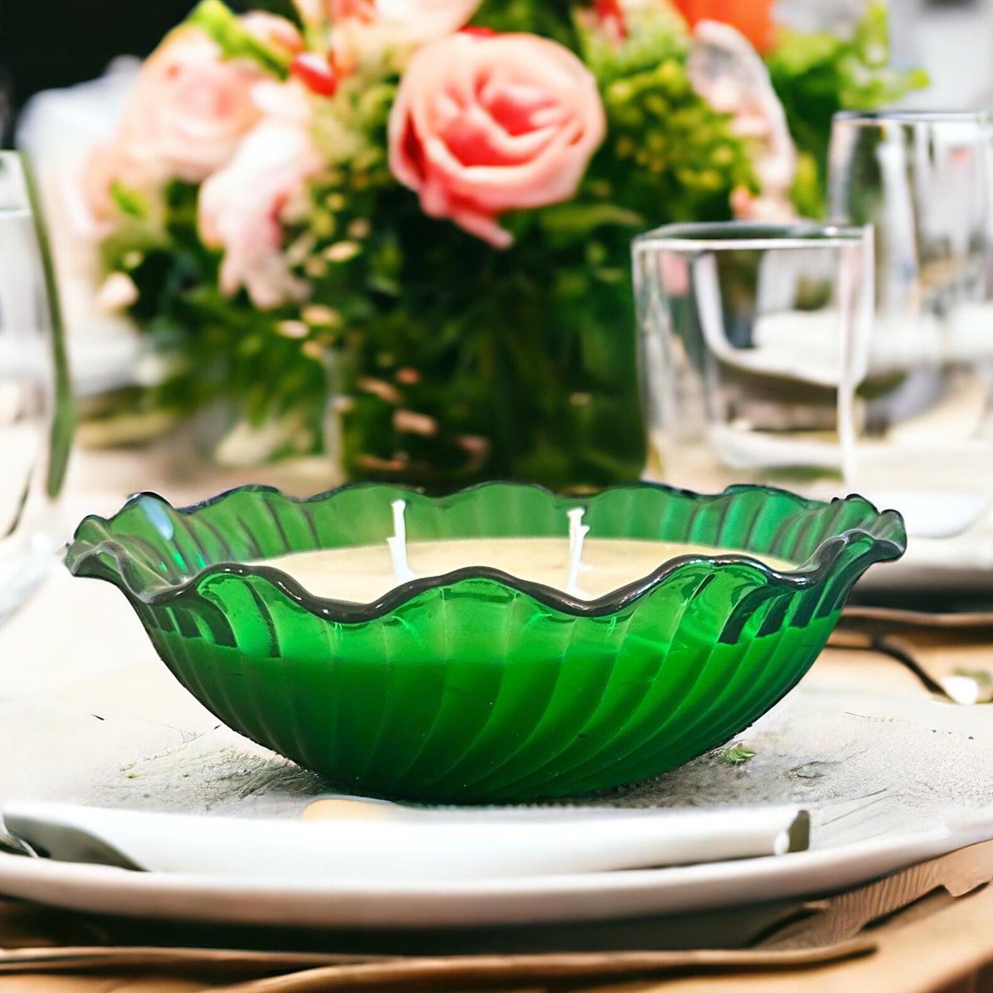 Cypress & Bayberry Soy Candle in Vintage Green Glass Bowl