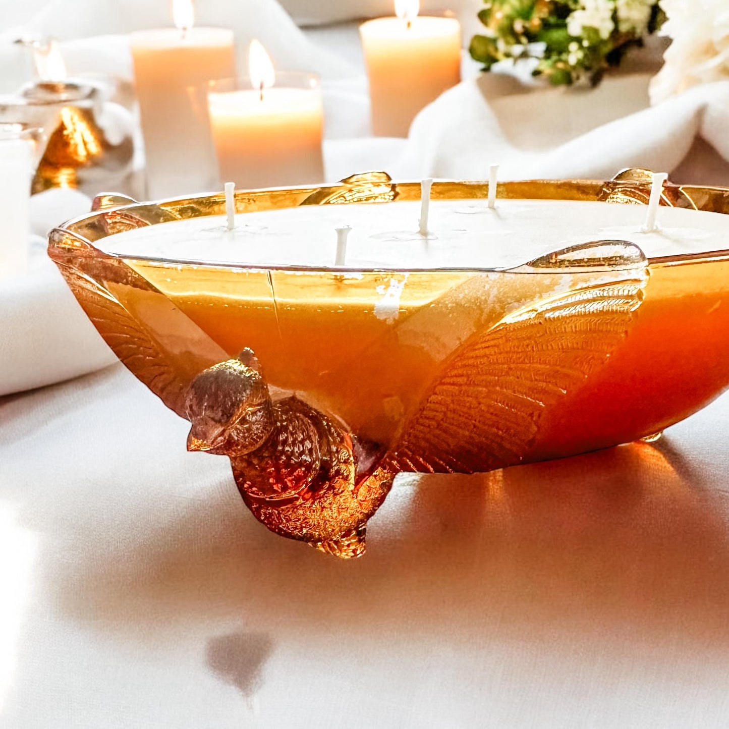 Amber Glass Pheasant Bowl Soy Candle, Fall Home Decor, Mid Century Decor