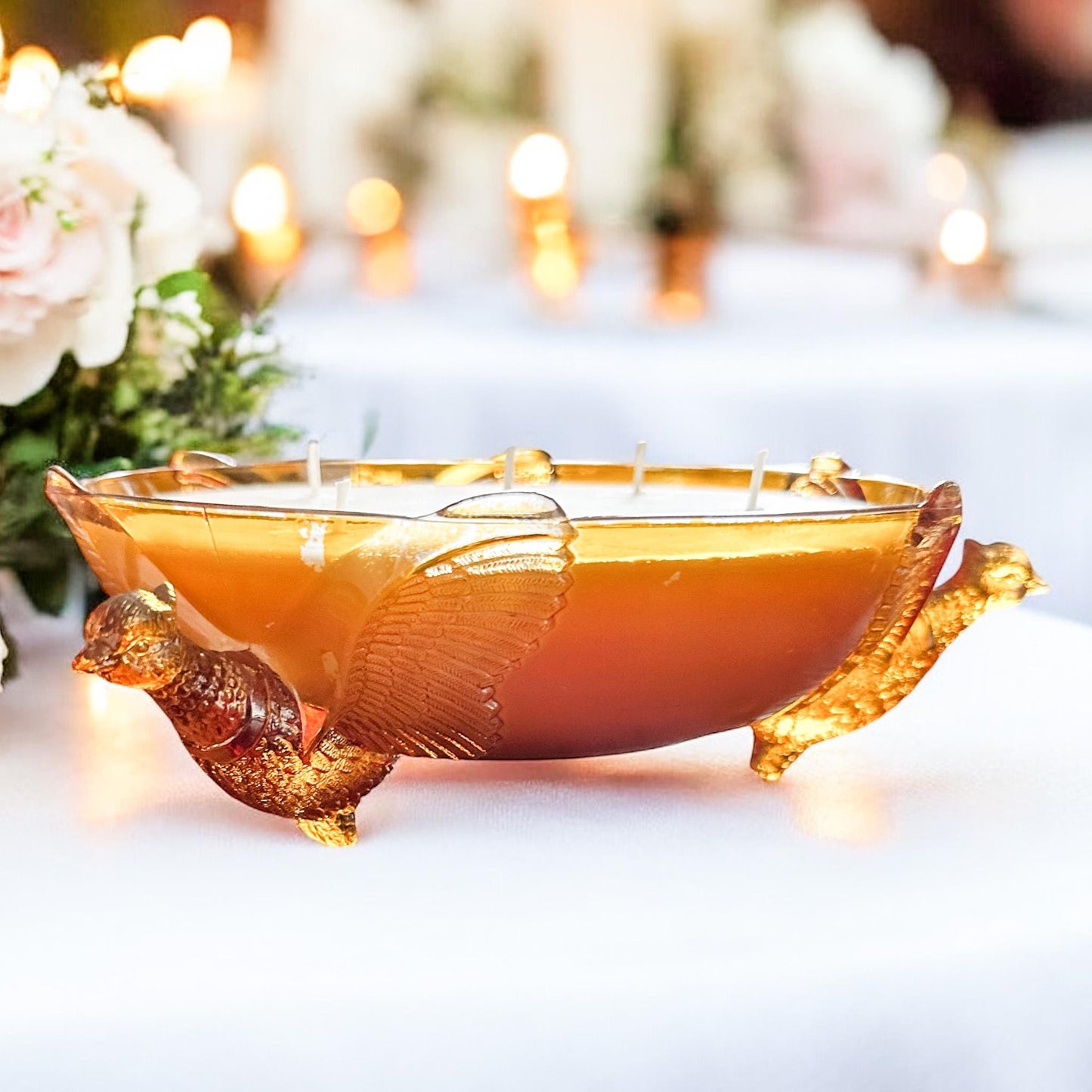 Amber Glass Pheasant Bowl Soy Candle, Fall Home Decor, Mid Century Decor