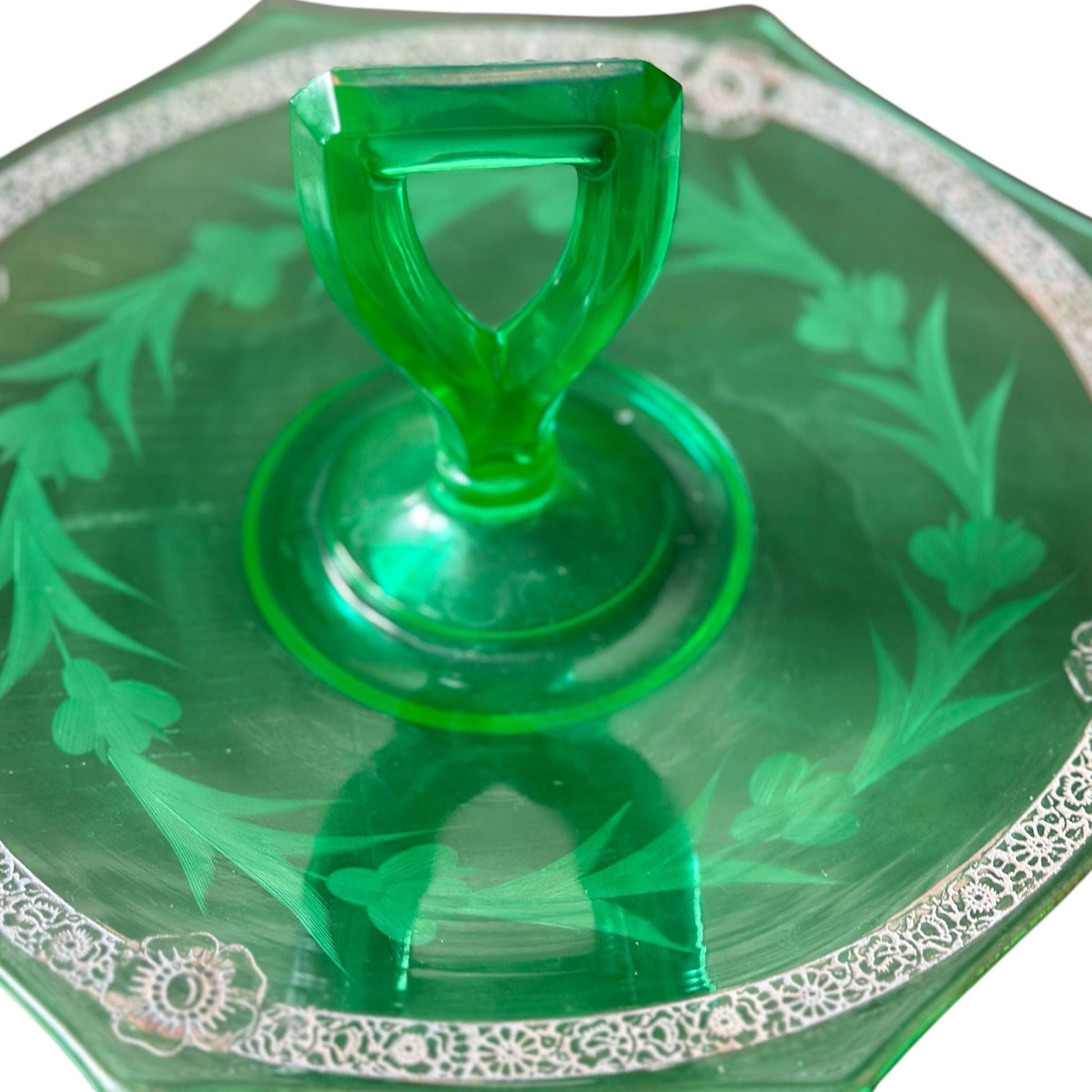 Vintage Green Depression Glass Serving Tray with Handle, Garden Party Decor, Housewarming Gift