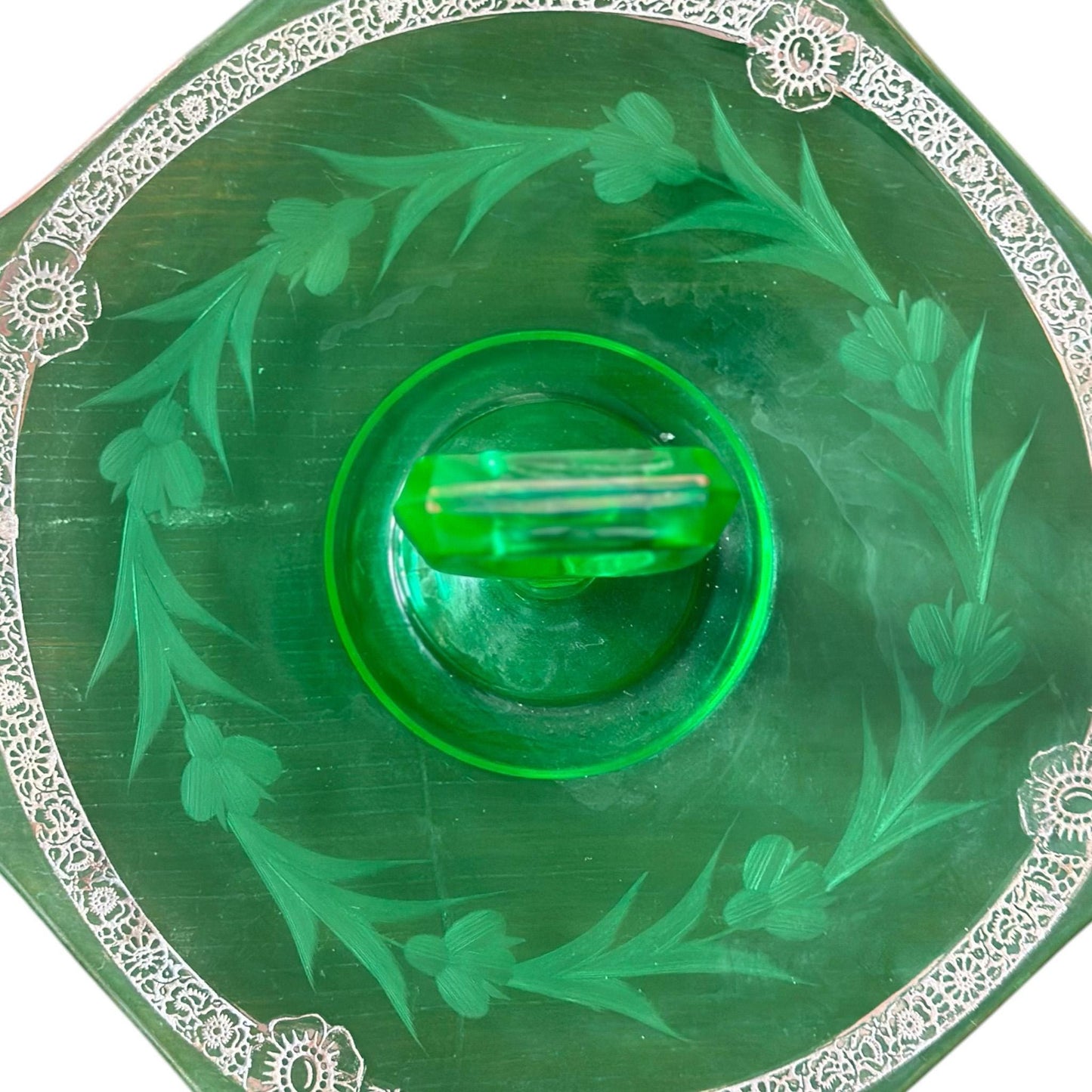 Vintage Green Depression Glass Serving Tray with Handle, Garden Party Decor, Housewarming Gift