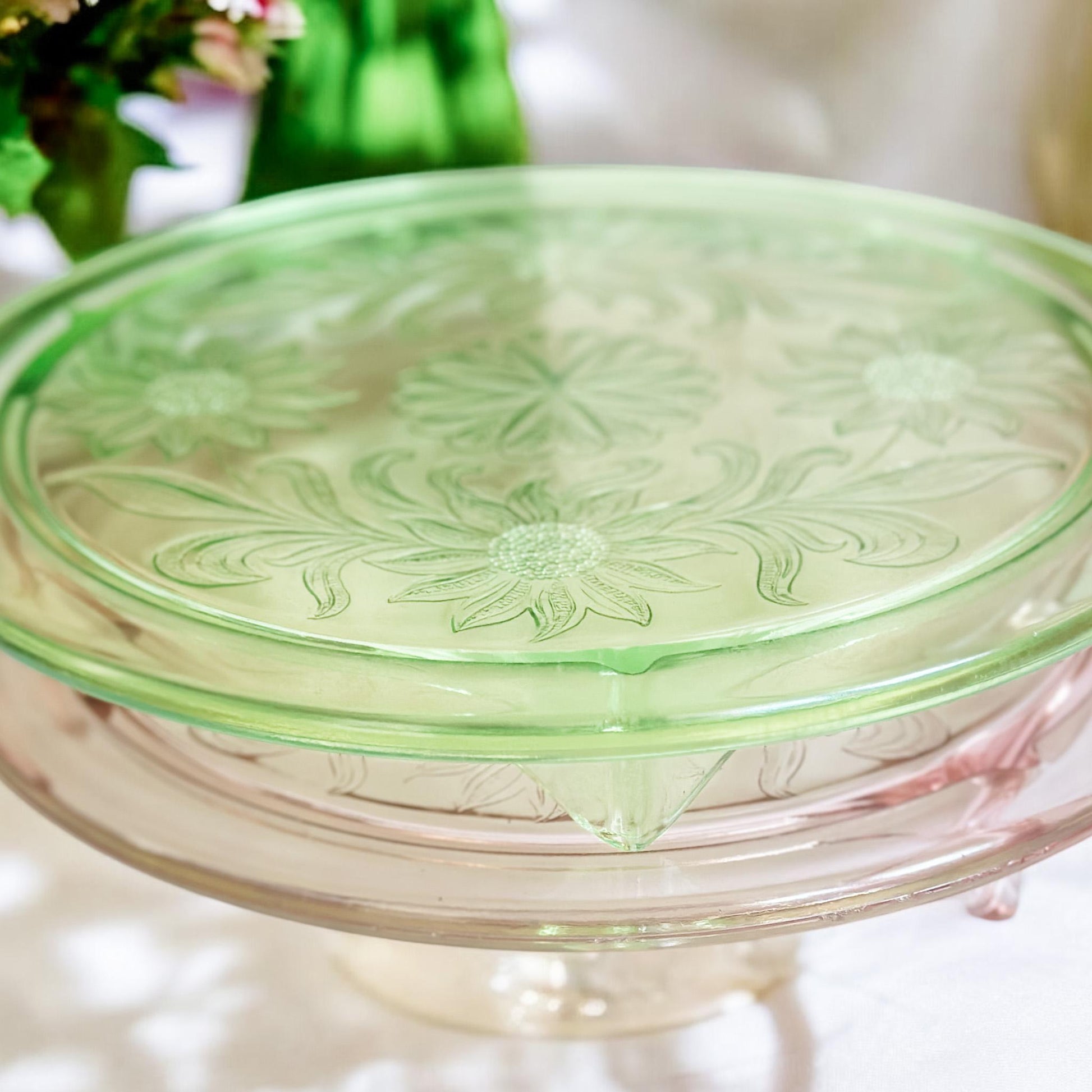 Vintage Jeannette Glass Sunflower Cake Plates, 1930's, Spring Tabletop Decor