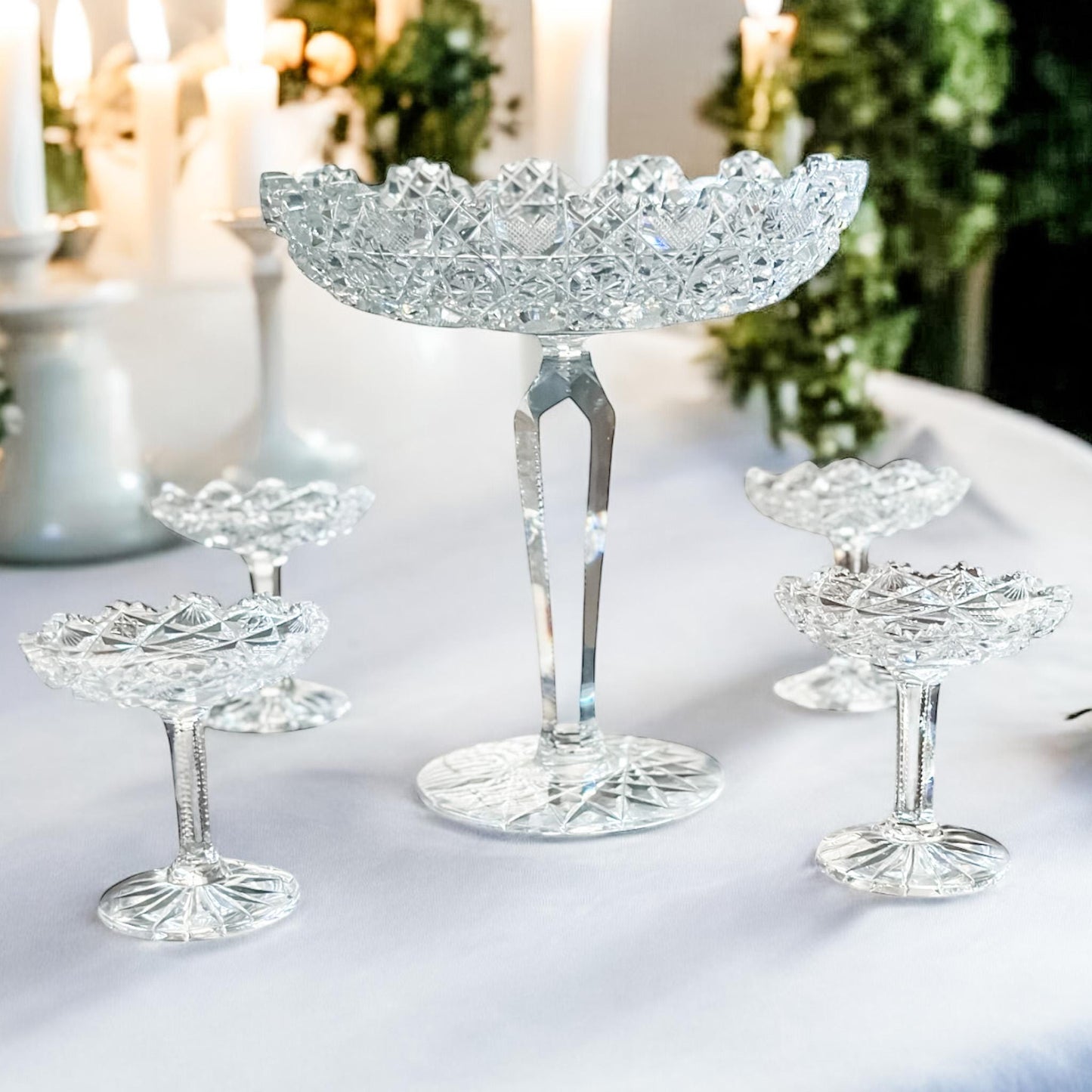 Vintage American Brilliant Period Cut Glass Compote Set, Elegant Wedding Decor & Heirloom Gift