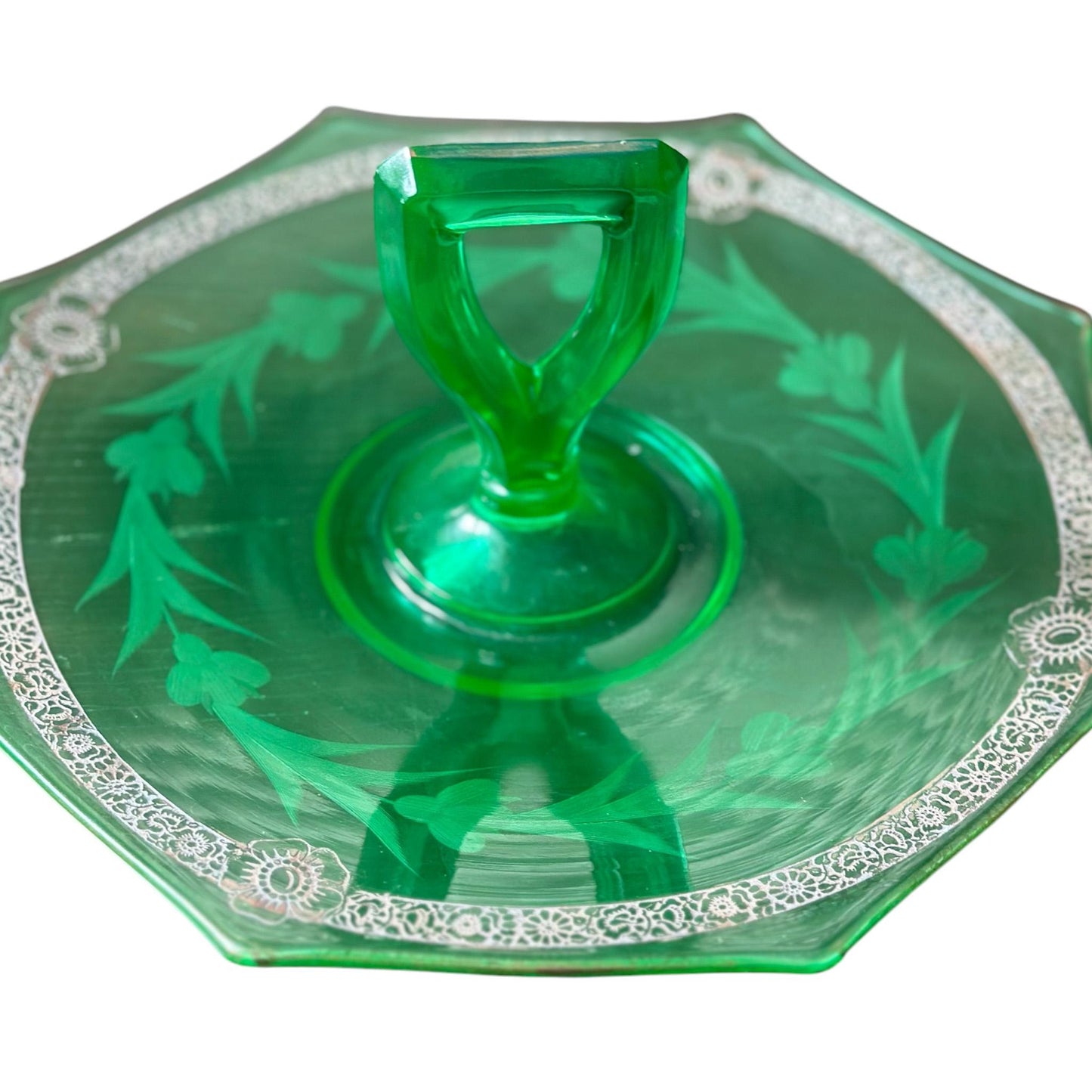 Vintage Green Depression Glass Serving Tray with Handle, Garden Party Decor, Housewarming Gift