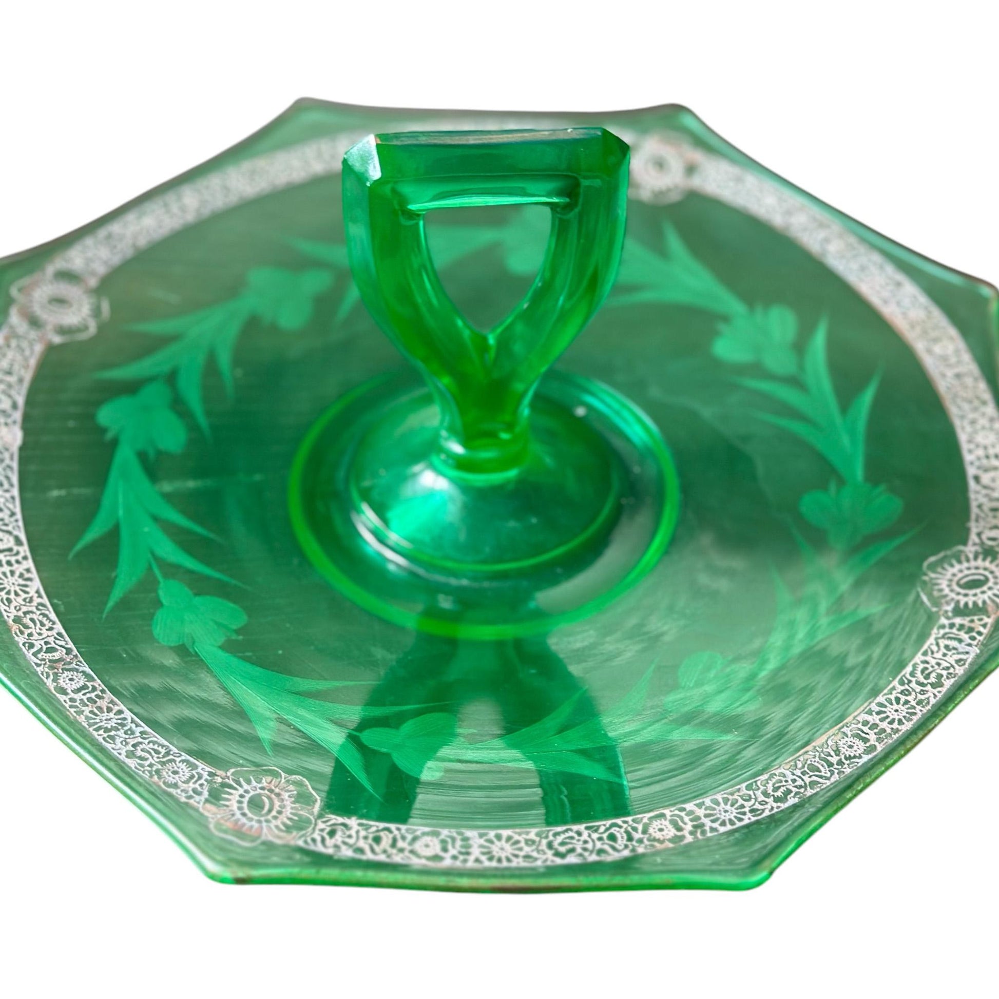 Vintage Green Depression Glass Serving Tray with Handle, Garden Party Decor, Housewarming Gift