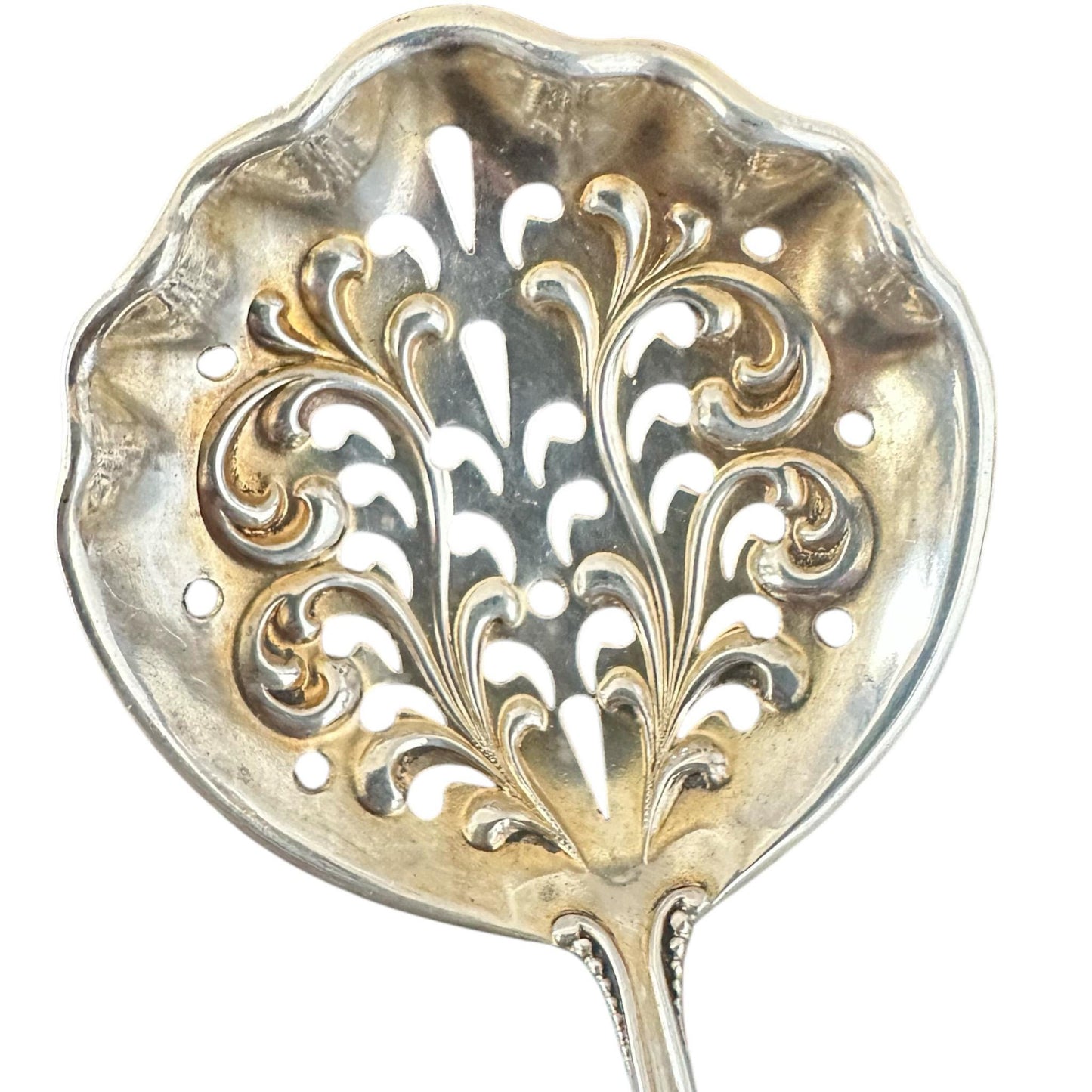 Antique Sterling Silver, Pierced Almond Spoon by R. Blackinton & Co, Nautilus Pattern