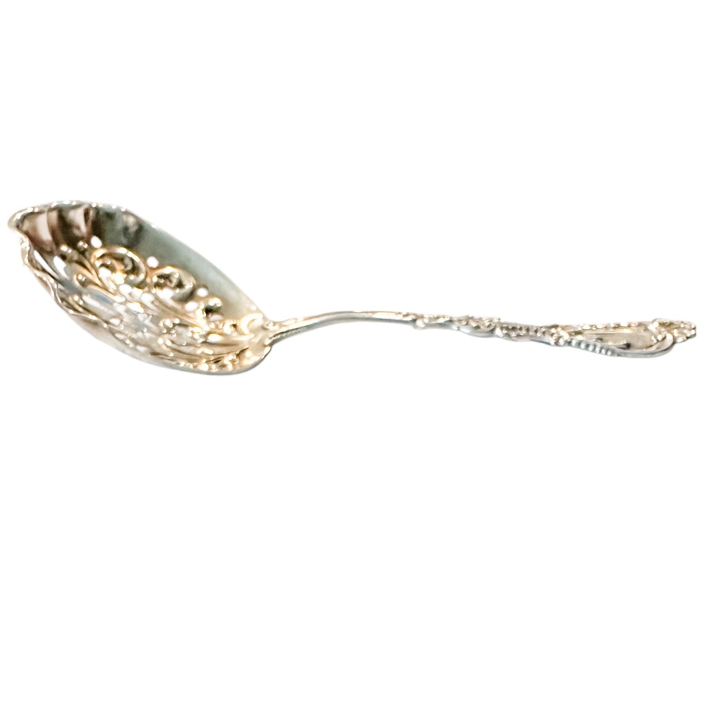 Antique Sterling Silver, Pierced Almond Spoon by R. Blackinton & Co, Nautilus Pattern