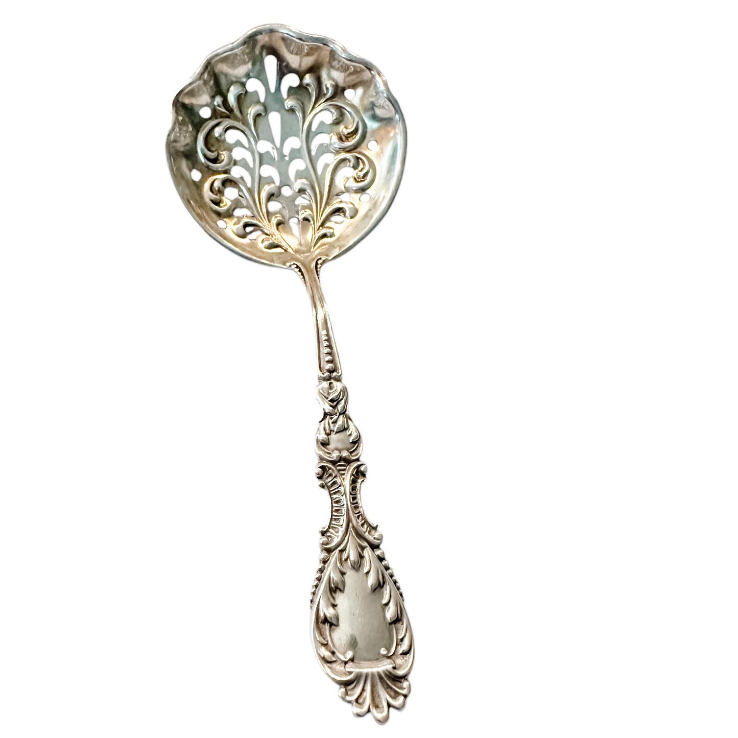 Antique Sterling Silver, Pierced Almond Spoon by R. Blackinton & Co, Nautilus Pattern