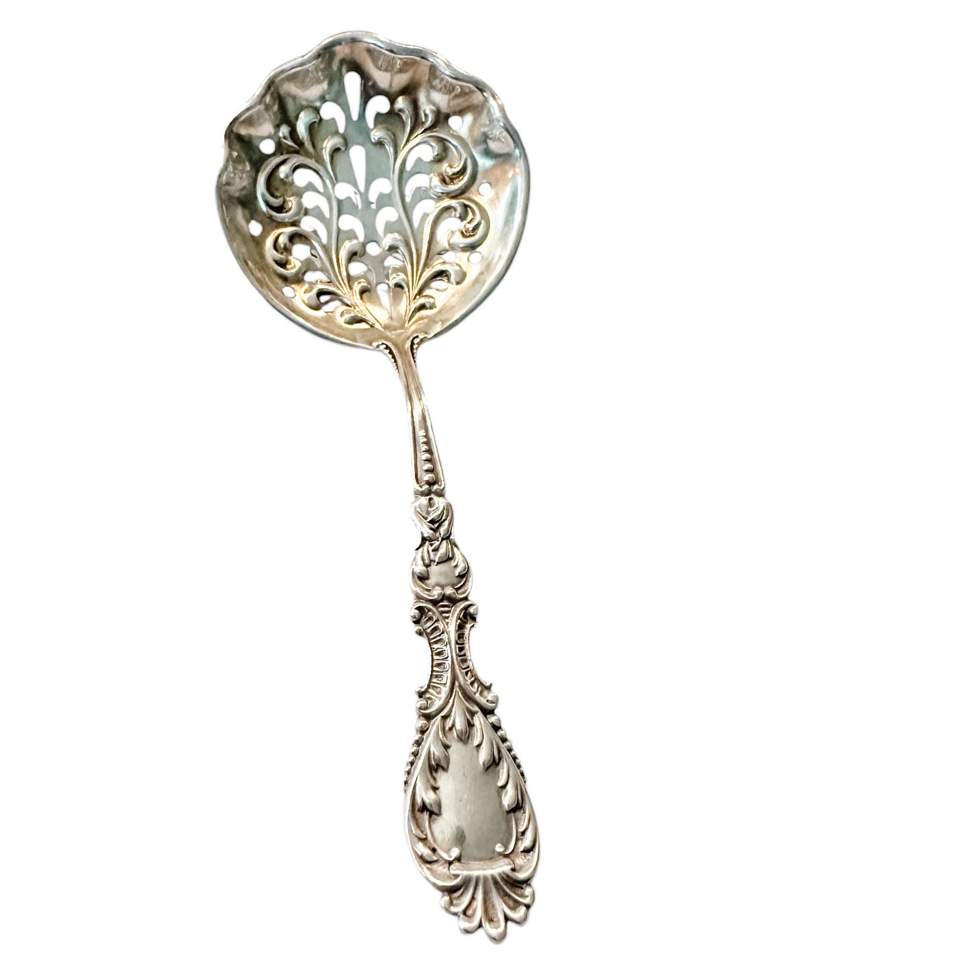 Antique Sterling Silver, Pierced Almond Spoon by R. Blackinton & Co, Nautilus Pattern