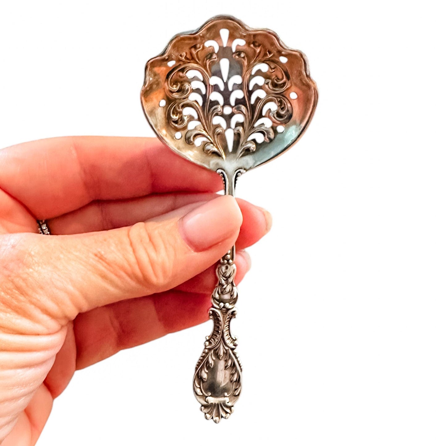 Antique Sterling Silver, Pierced Almond Spoon by R. Blackinton & Co, Nautilus Pattern