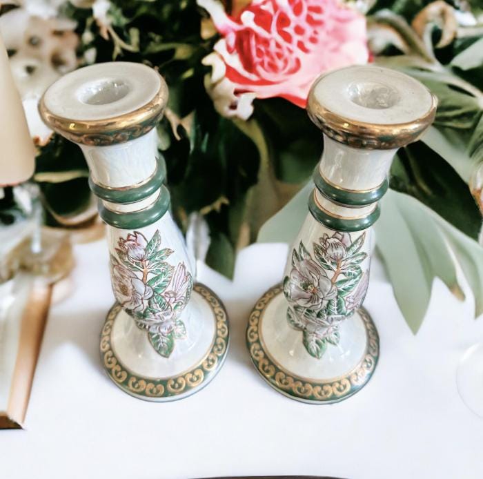 Hand-Painted Ceramic Candle Holders: Vintage Summer Table Decor, Set of 2