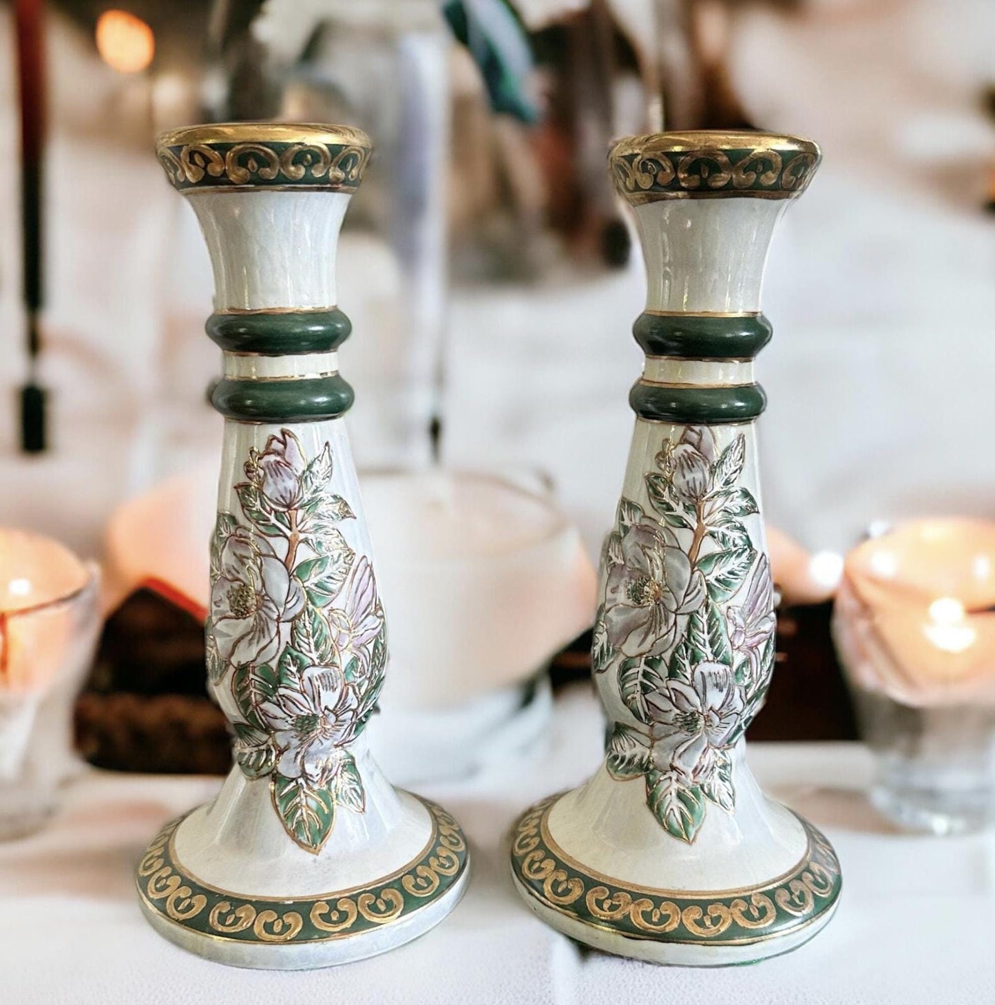 Hand-Painted Ceramic Candle Holders: Vintage Summer Table Decor, Set of 2