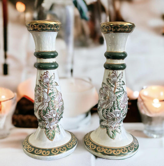 Hand-Painted Ceramic Candle Holders: Vintage Summer Table Decor, Set of 2