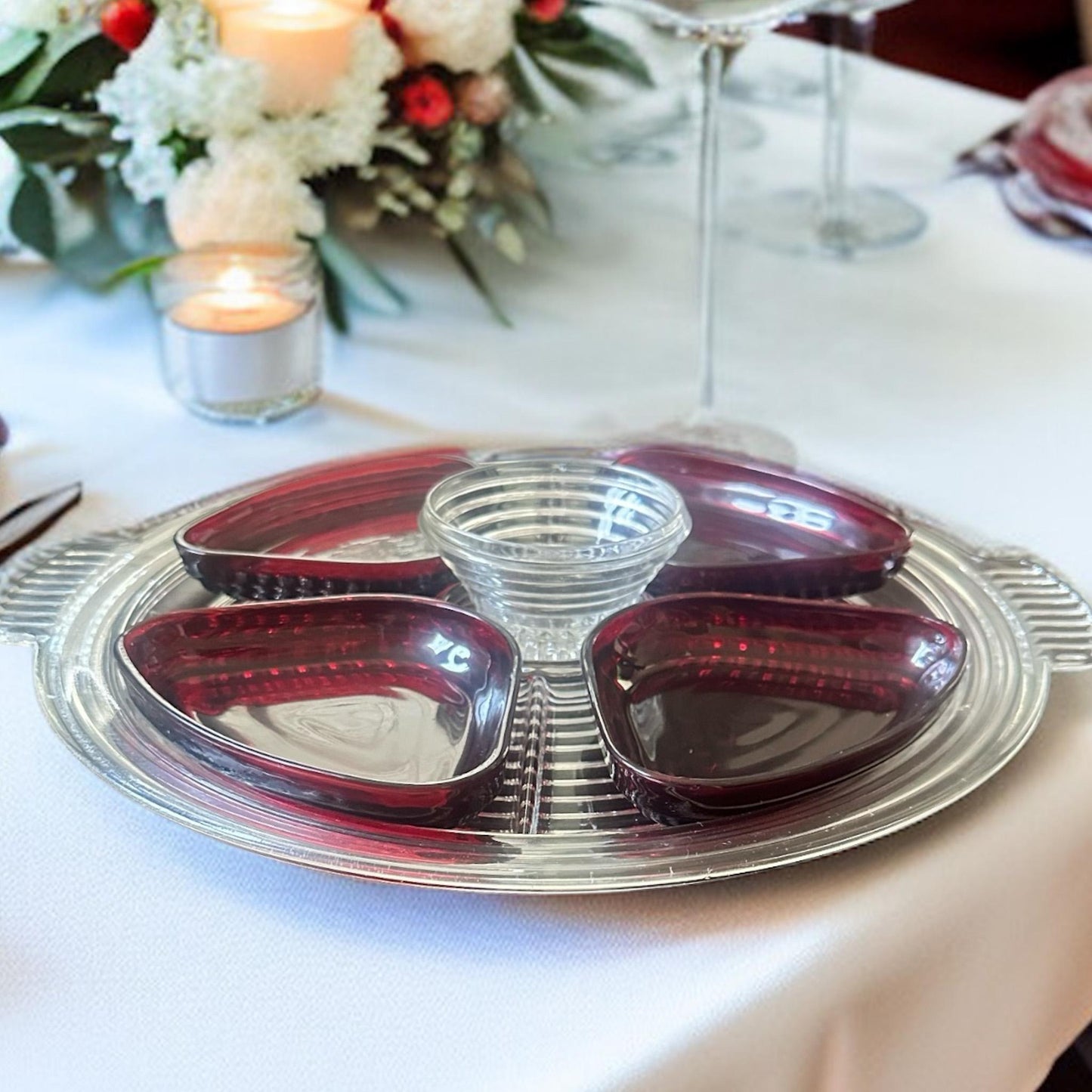 Vintage Anchor Hocking Relish Tray with Ruby Inserts, Manhattan Pattern, Summer Entertaining