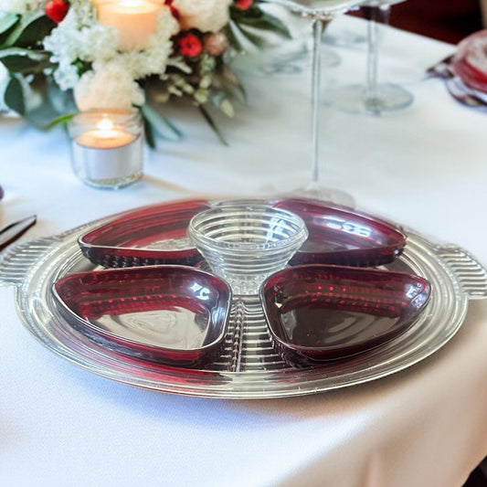 Vintage Anchor Hocking Relish Tray with Ruby Inserts, Manhattan Pattern, Summer Entertaining