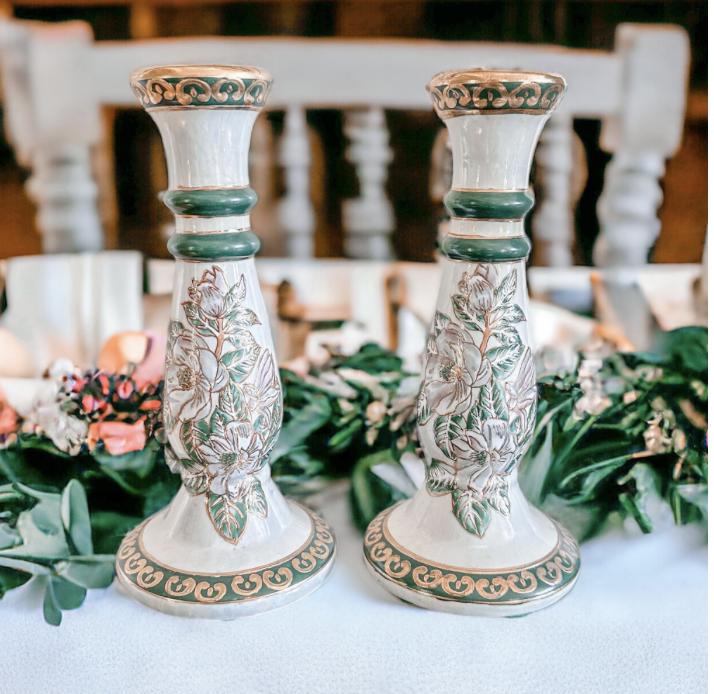 Hand-Painted Ceramic Candle Holders: Vintage Summer Table Decor, Set of 2