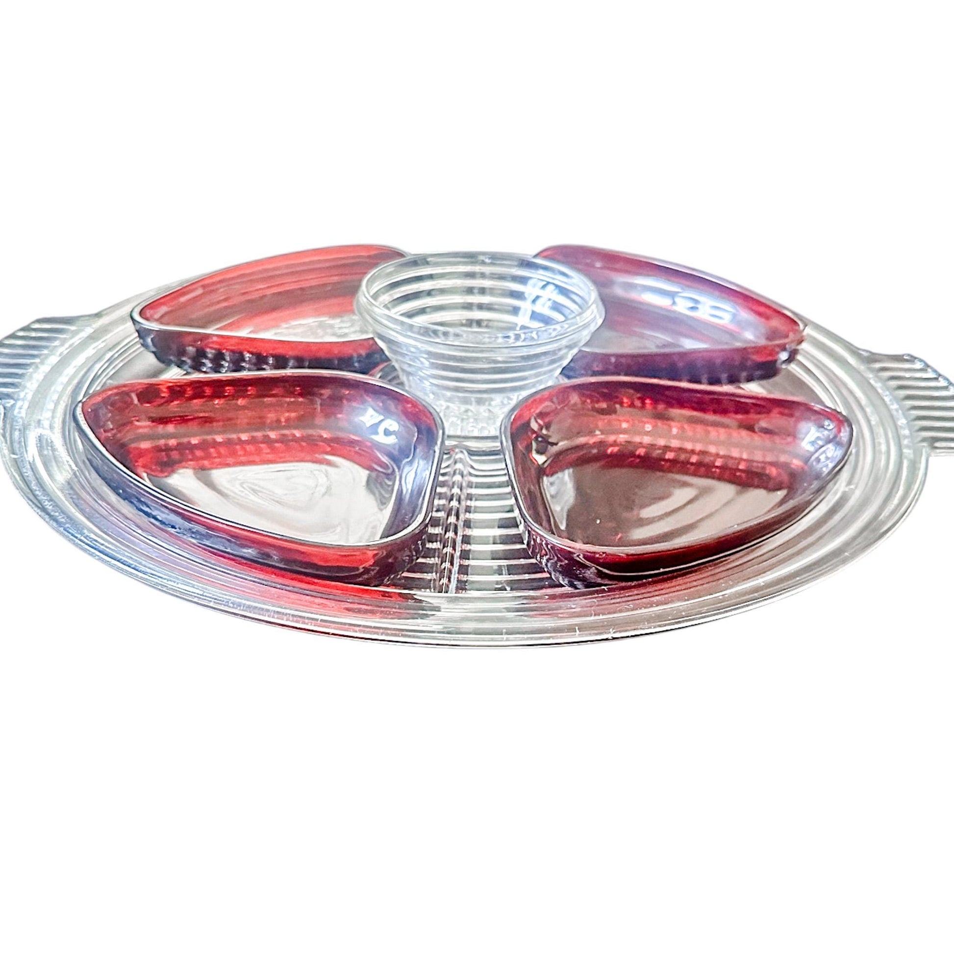 Vintage Anchor Hocking Relish Tray with Ruby Inserts, Manhattan Pattern, Summer Entertaining