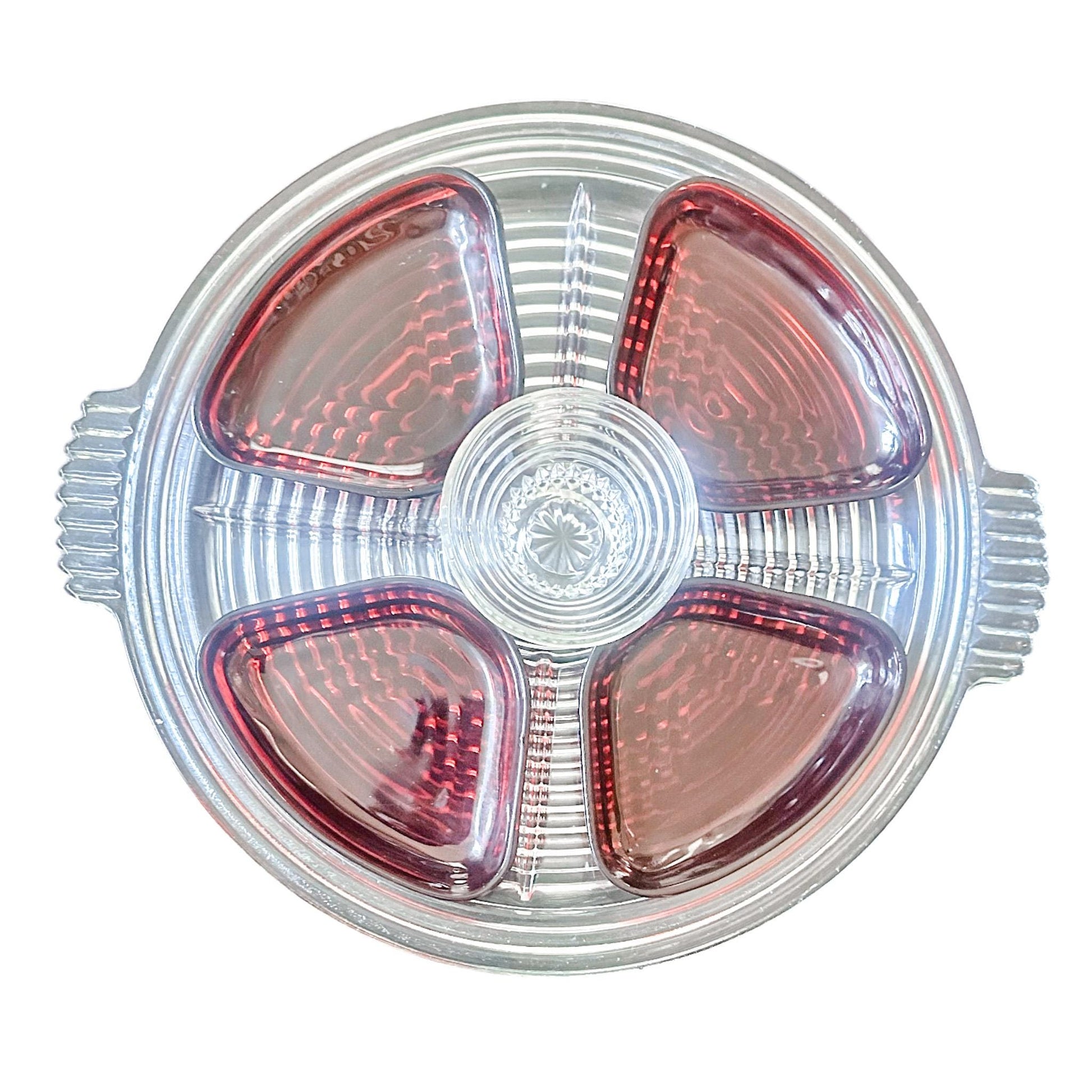 Vintage Anchor Hocking Relish Tray with Ruby Inserts, Manhattan Pattern, Summer Entertaining