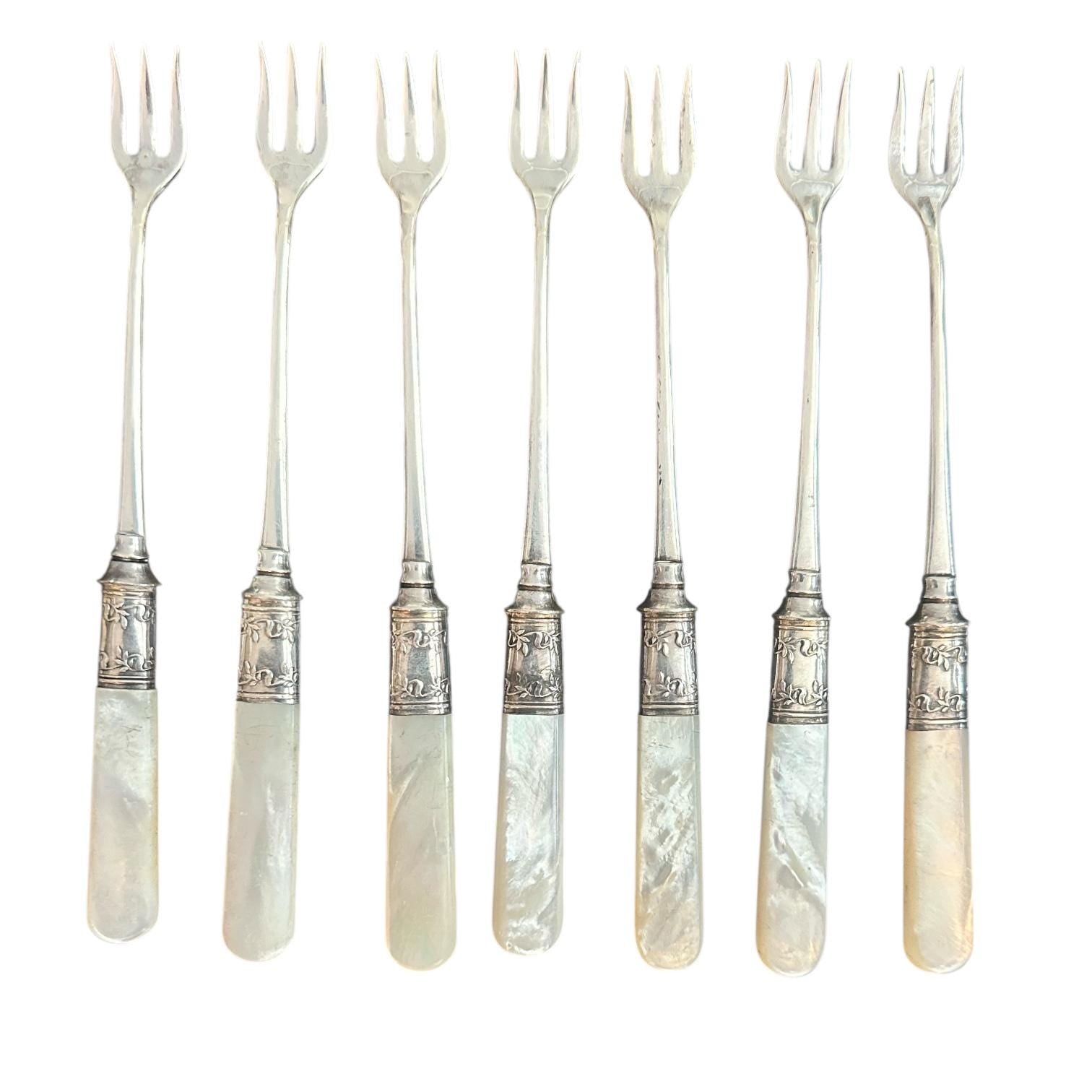 Antique Pearl Handled Seafood Forks, Landers, Frary & Clark Cocktail Forks, 1900's