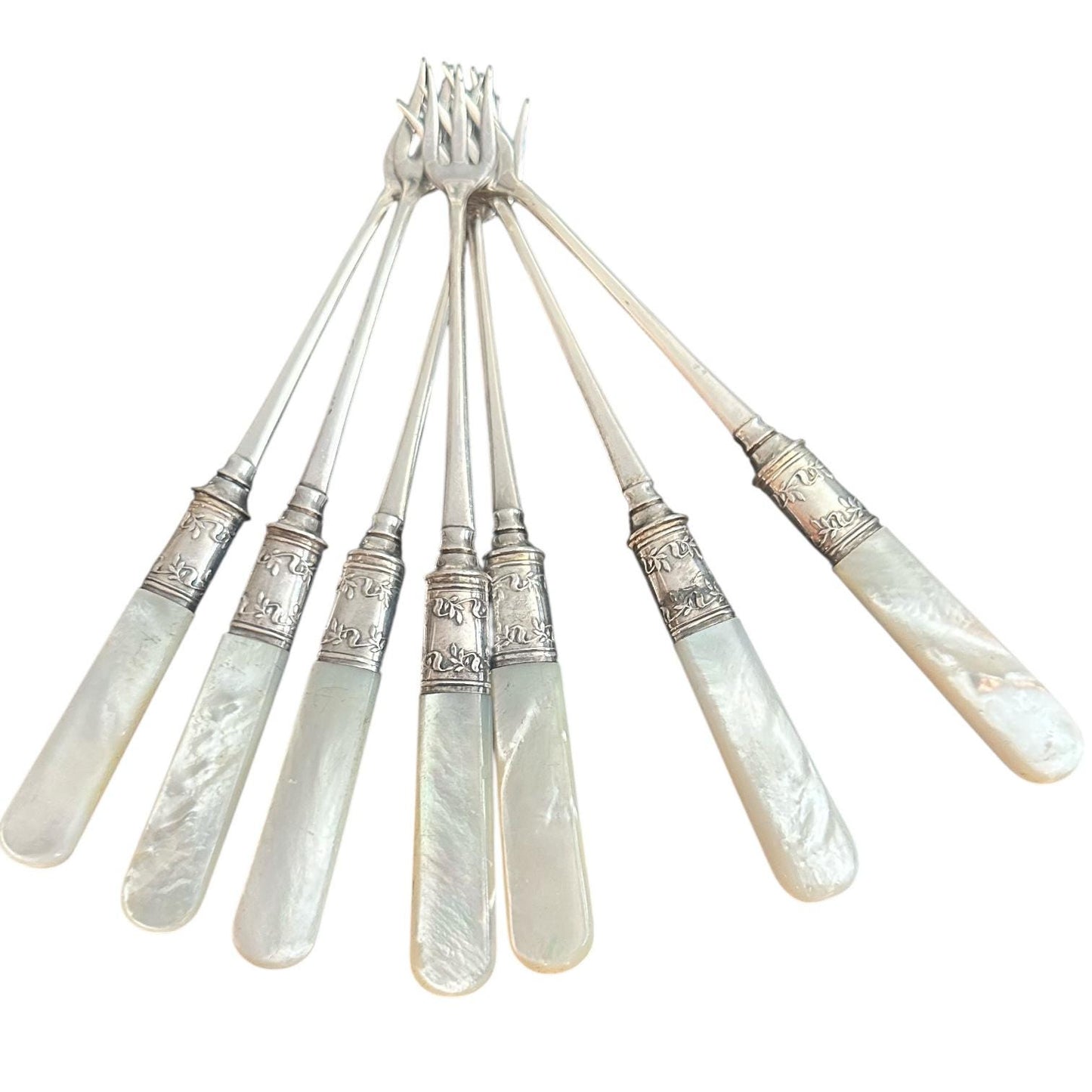 Antique Pearl Handled Seafood Forks, Landers, Frary & Clark Cocktail Forks, 1900's