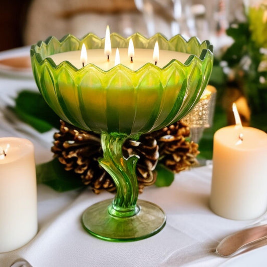 Vintage Green Lotus Candle in Indiana Glass Compote, Soy Candle