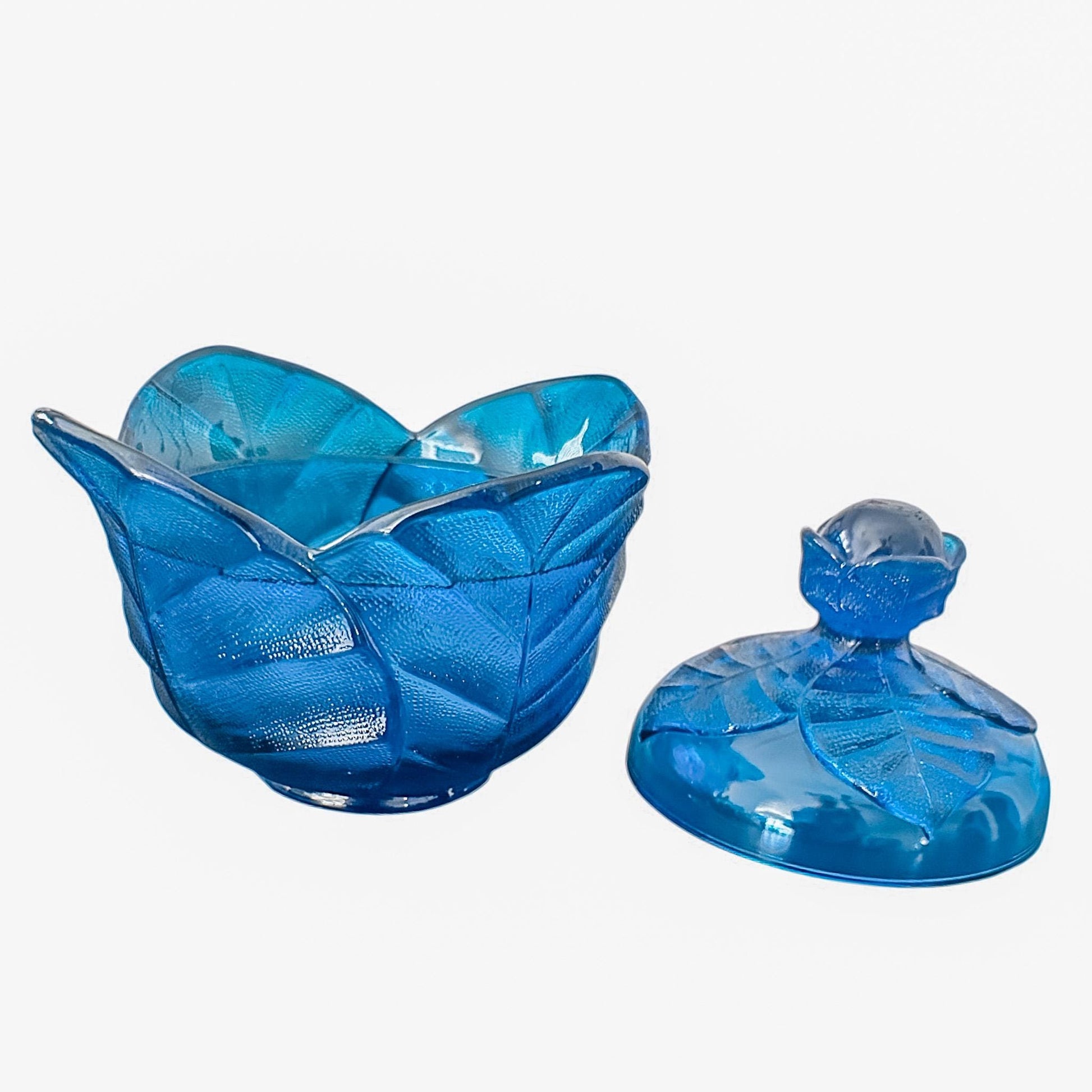 Soy Candle in Vintage Blue Viking Leaf Candy Dish with Lid, Fall Candle, Vintage Candle Décor
