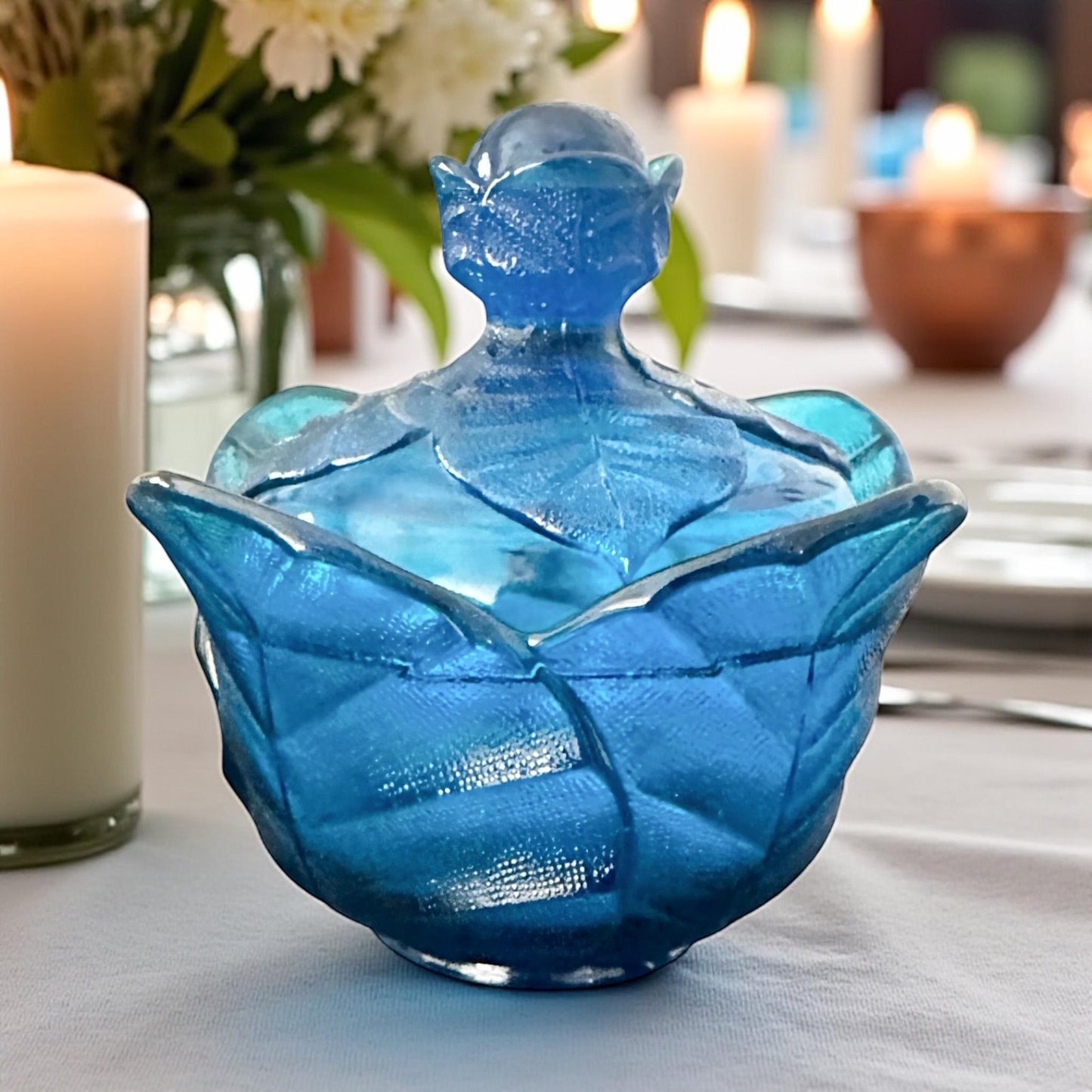 Soy Candle in Vintage Blue Viking Leaf Candy Dish with Lid, Fall Candle, Vintage Candle Décor