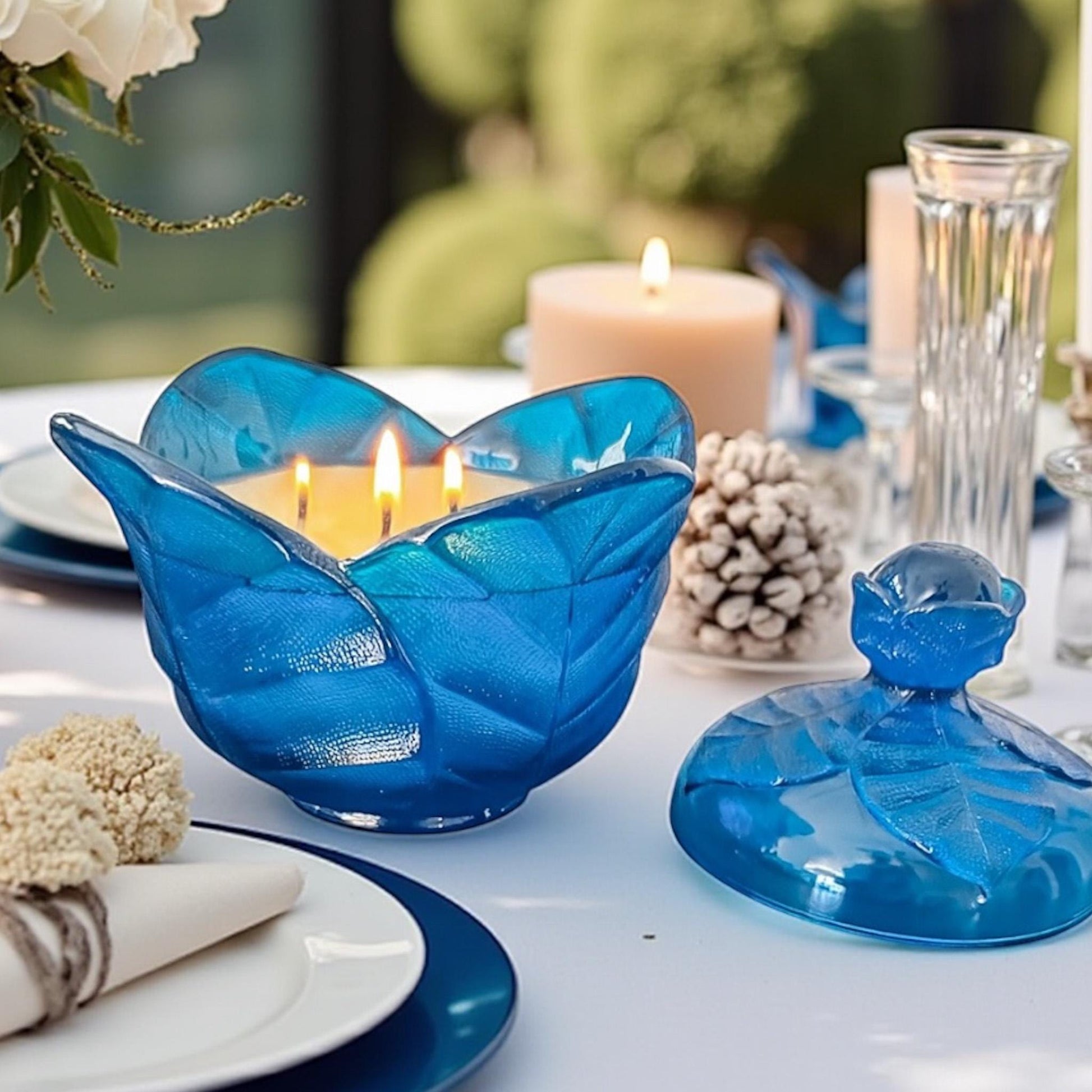 Soy Candle in Vintage Blue Viking Leaf Candy Dish with Lid, Fall Candle, Vintage Candle Décor