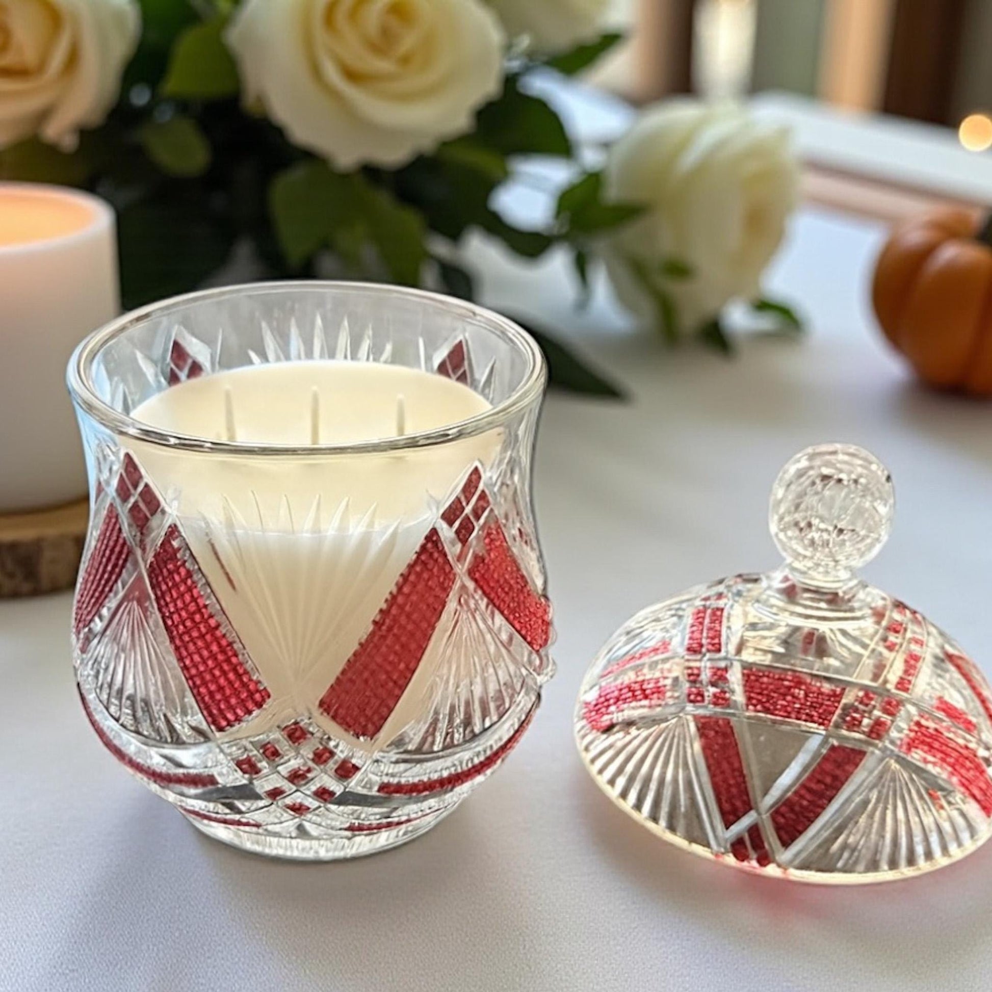 Soy Candle in Vintage Ruby Flash Crystal Covered Jar, Art Deco Style, Unique Christmas Gift for Wife