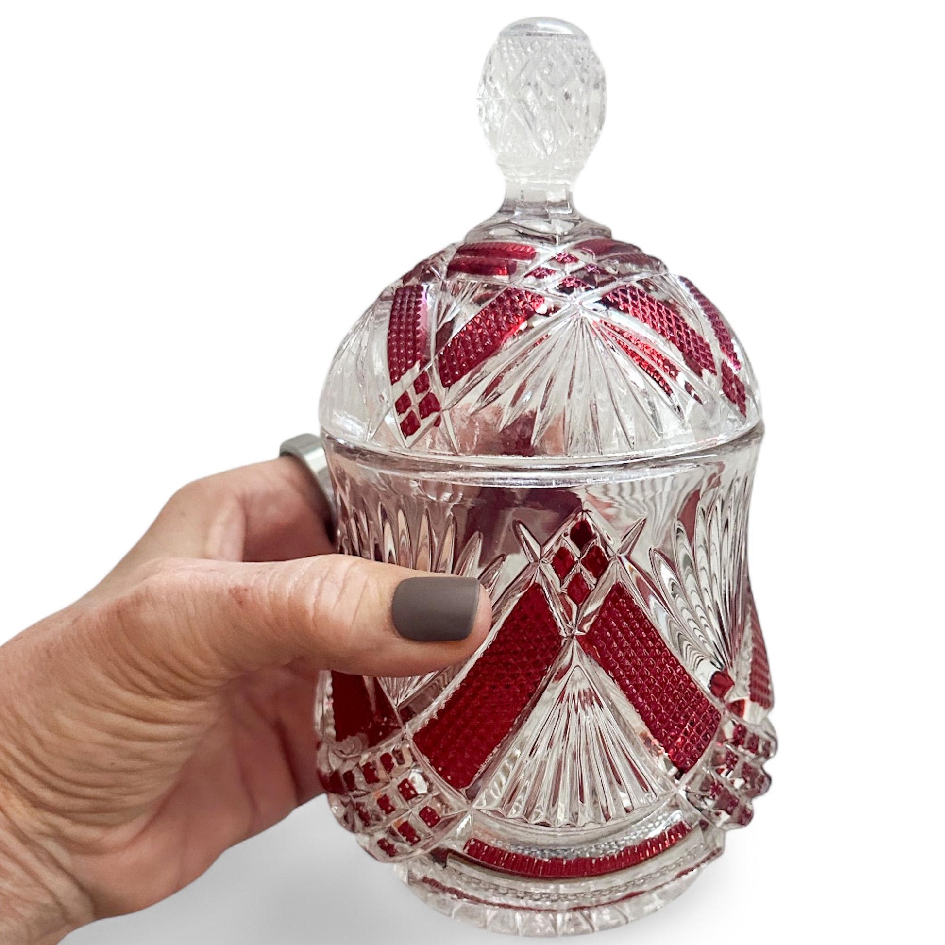 Soy Candle in Vintage Ruby Flash Crystal Covered Jar, Art Deco Style, Unique Christmas Gift for Wife