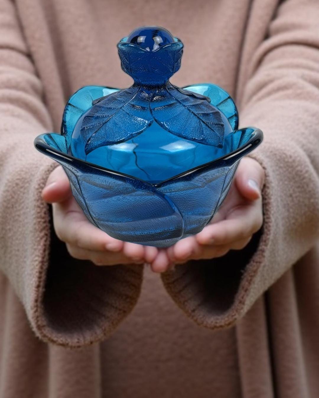 Soy Candle in Vintage Blue Viking Leaf Candy Dish with Lid, Fall Candle, Vintage Candle Décor
