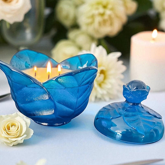 Soy Candle in Vintage Blue Viking Leaf Candy Dish with Lid, Fall Candle, Vintage Candle Décor