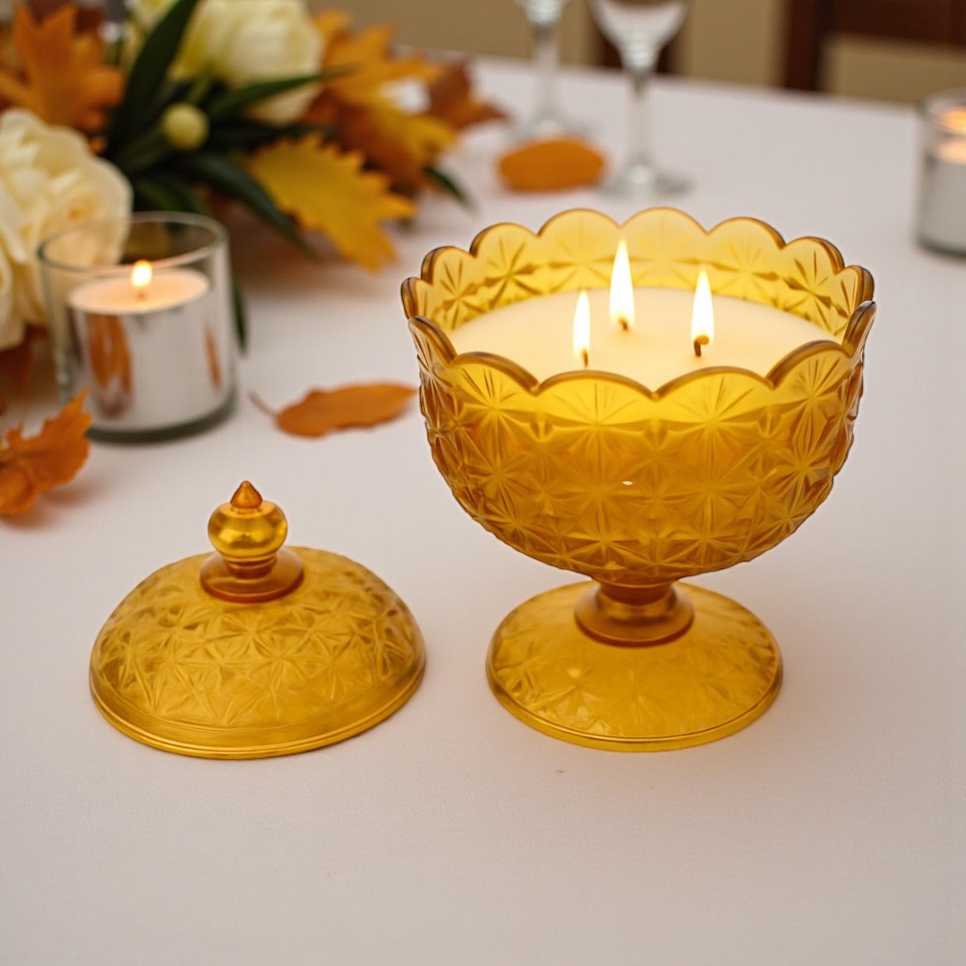 Soy Candle in Vintage Amber Candy Dish, Vintage Fall Candle, Thanksgiving Decor