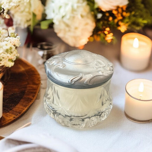 Soy Candle in Antique Glass Puff Jar, Art Nouveau Vanity Jar, EAPG Collectible