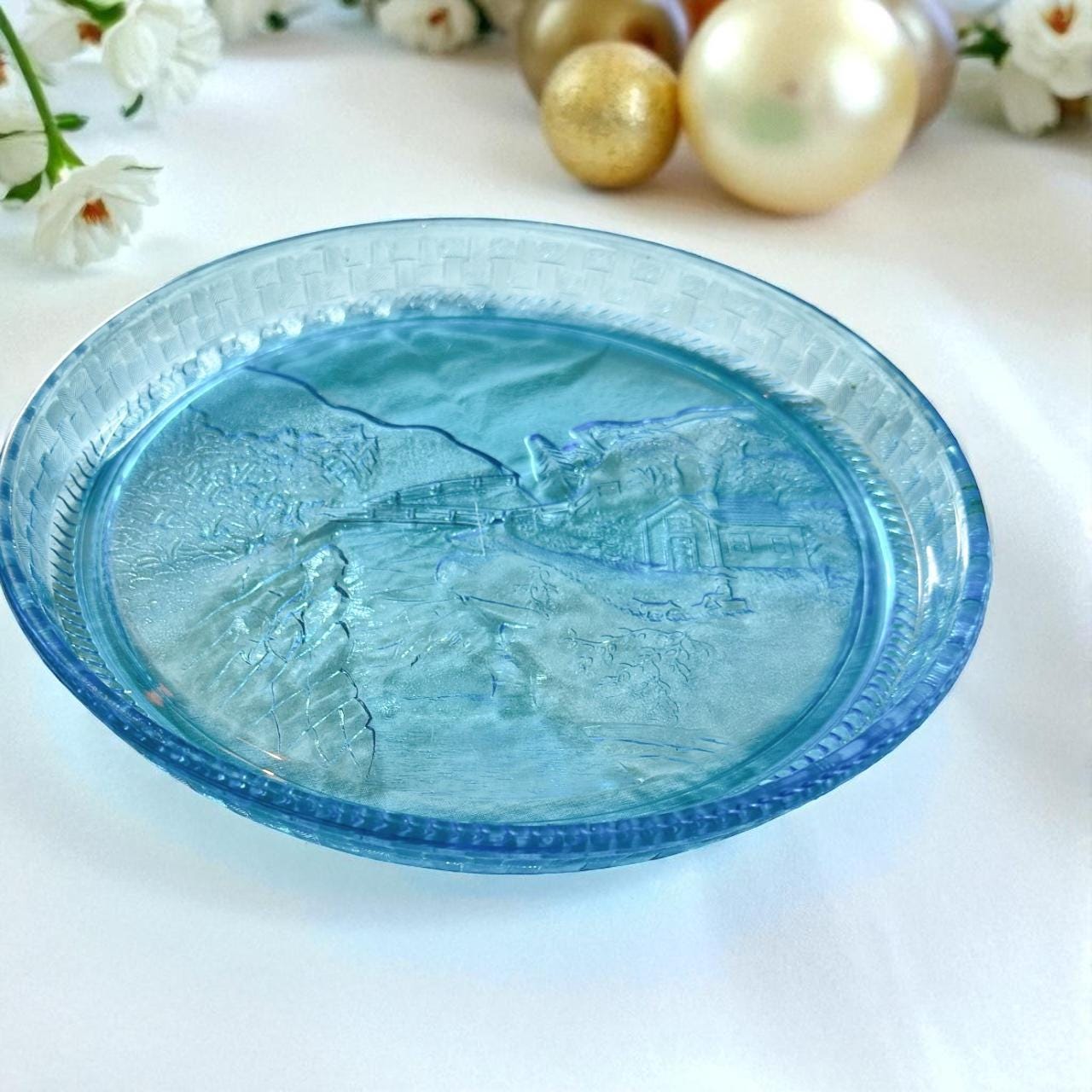 Antique Blue EAPG Glass Tray: Co-operative Flint Basketweave, 1886