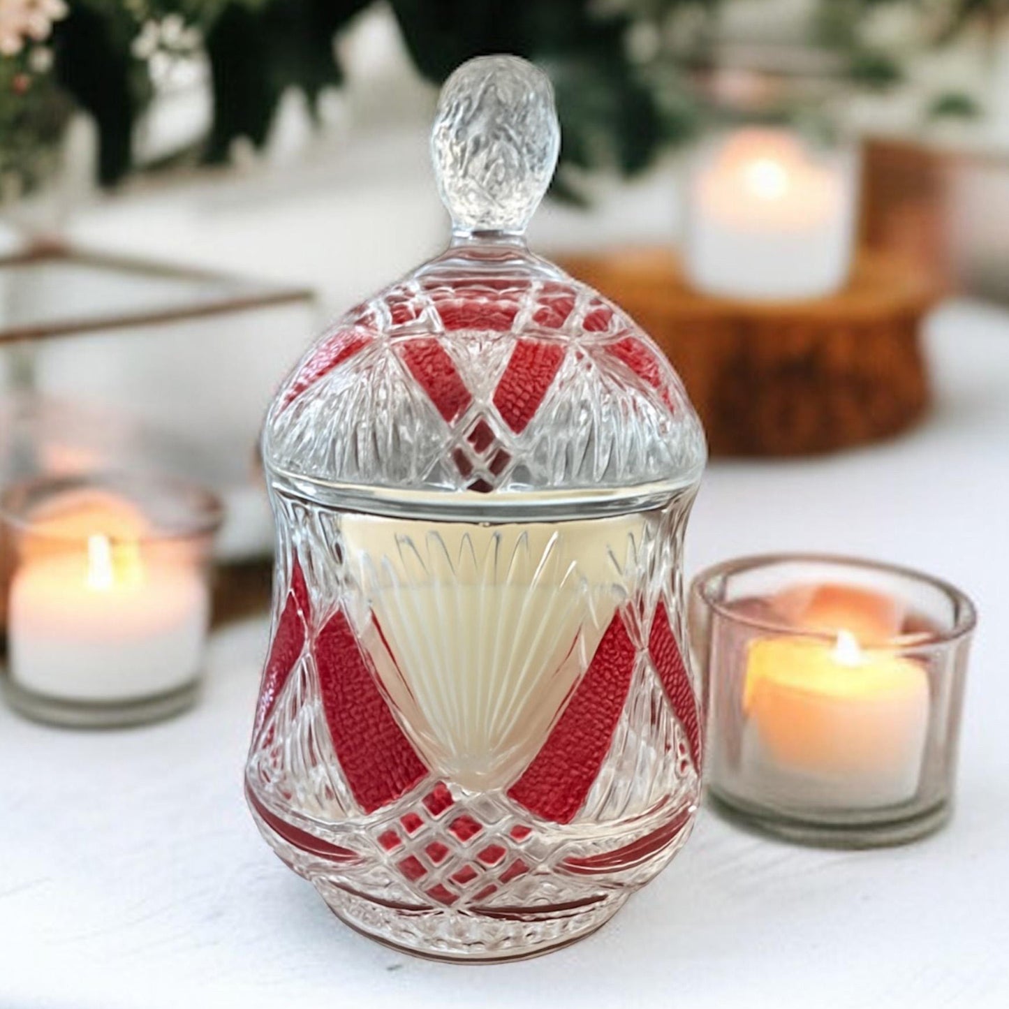 Soy Candle in Vintage Ruby Flash Crystal Covered Jar, Art Deco Style, Unique Christmas Gift for Wife
