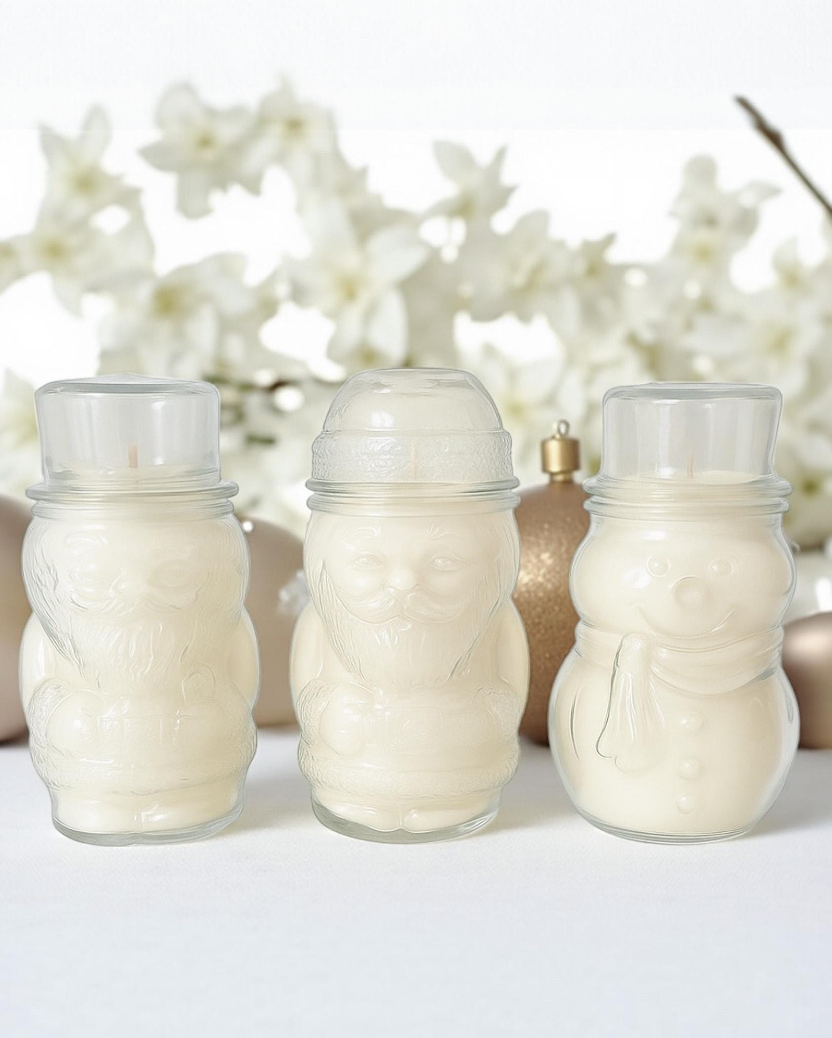 Soy Candle in Vintage Libbey Glass Christmas Jar, Santa or Snowman, Retro Holiday Candle