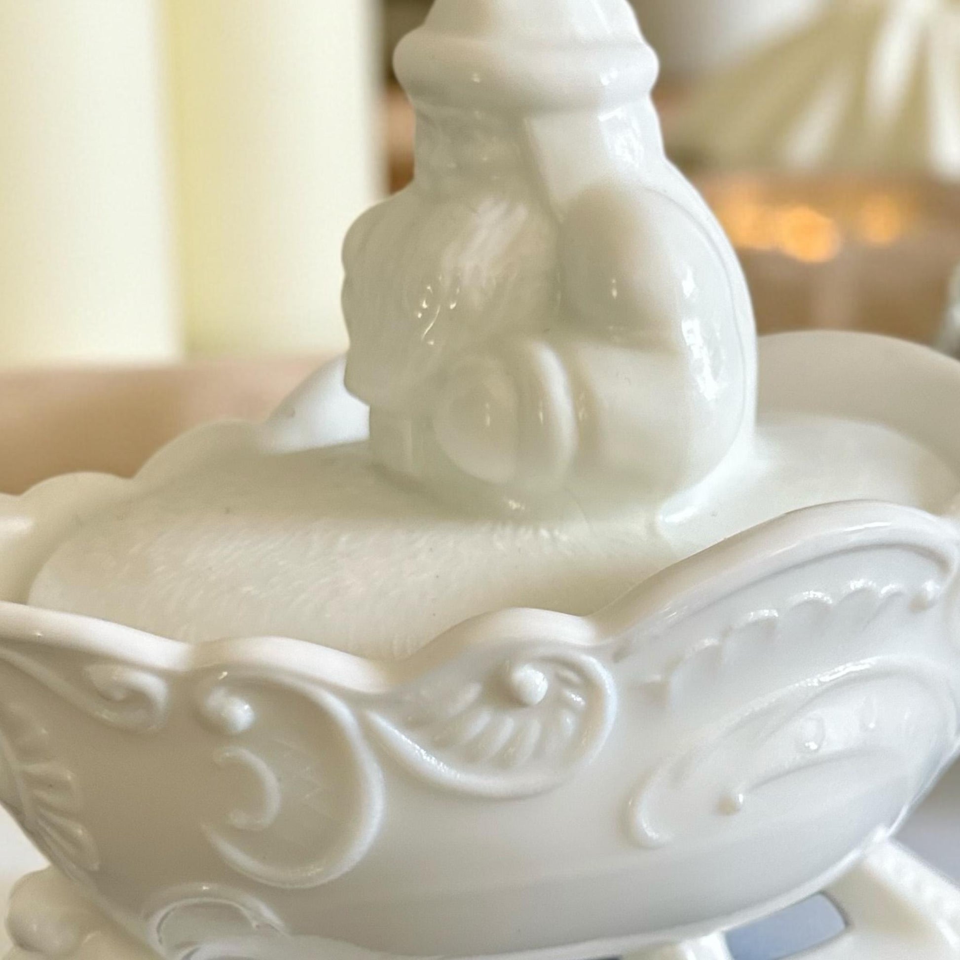 Soy Candle in Mosser Glass Santa Sleigh Candy Dish, Vintage-Inspired Milk Glass Candle, Holiday Gift Décor