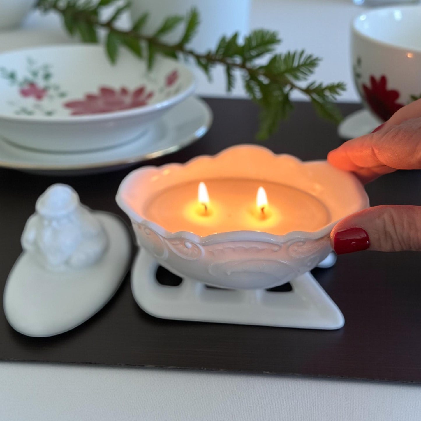 Soy Candle in Mosser Glass Santa Sleigh Candy Dish, Vintage-Inspired Milk Glass Candle, Holiday Gift Décor