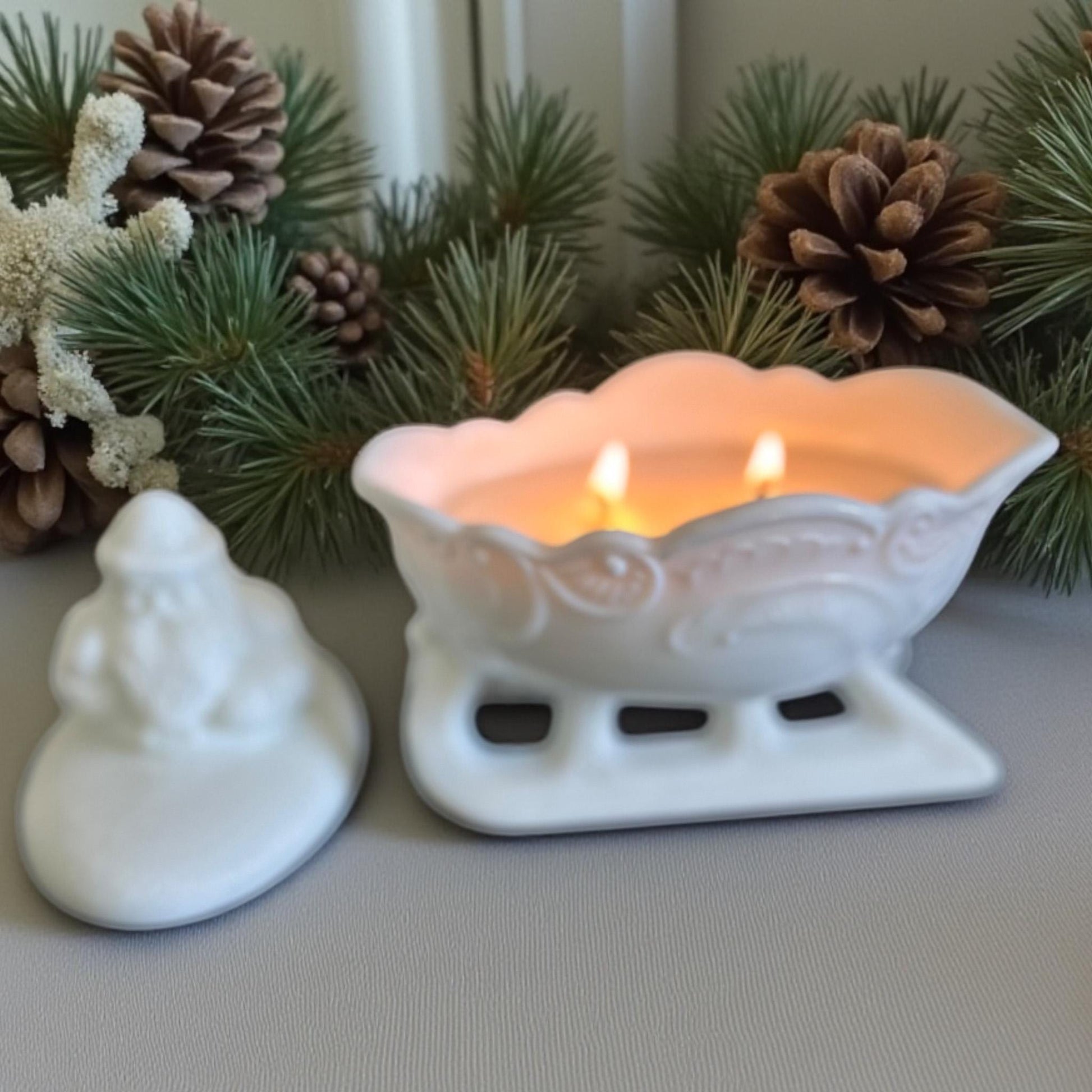 Soy Candle in Mosser Glass Santa Sleigh Candy Dish, Vintage-Inspired Milk Glass Candle, Holiday Gift Décor