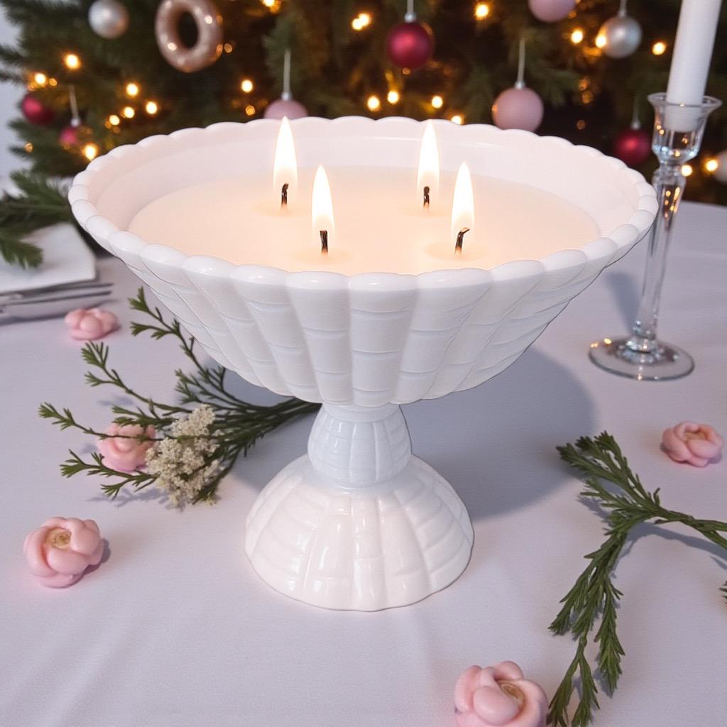 Soy Candle in Vintage Pink Milk Glass Fruit Bowl, Lavender Vanilla, Unique Gift for Her