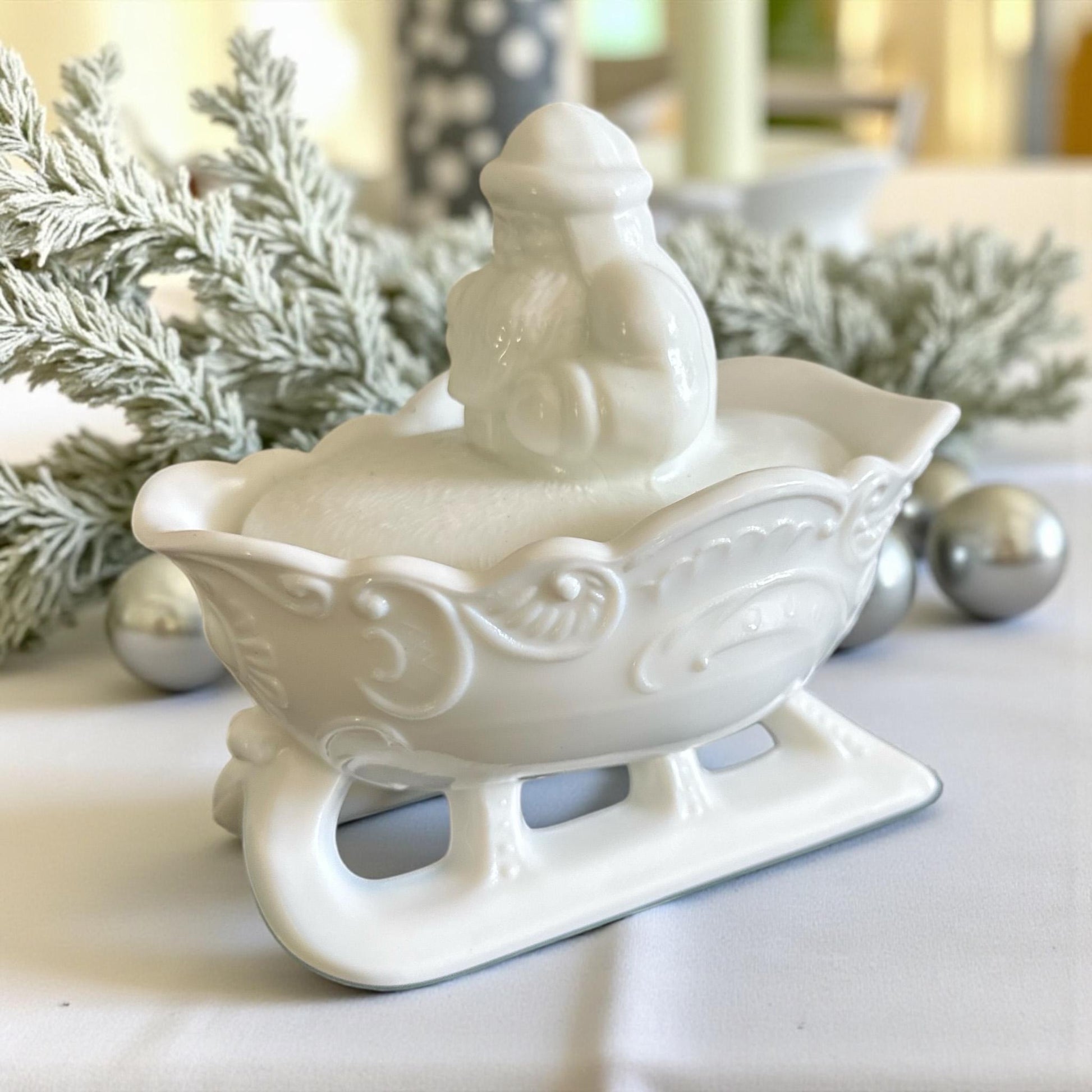Soy Candle in Mosser Glass Santa Sleigh Candy Dish, Vintage-Inspired Milk Glass Candle, Holiday Gift Décor