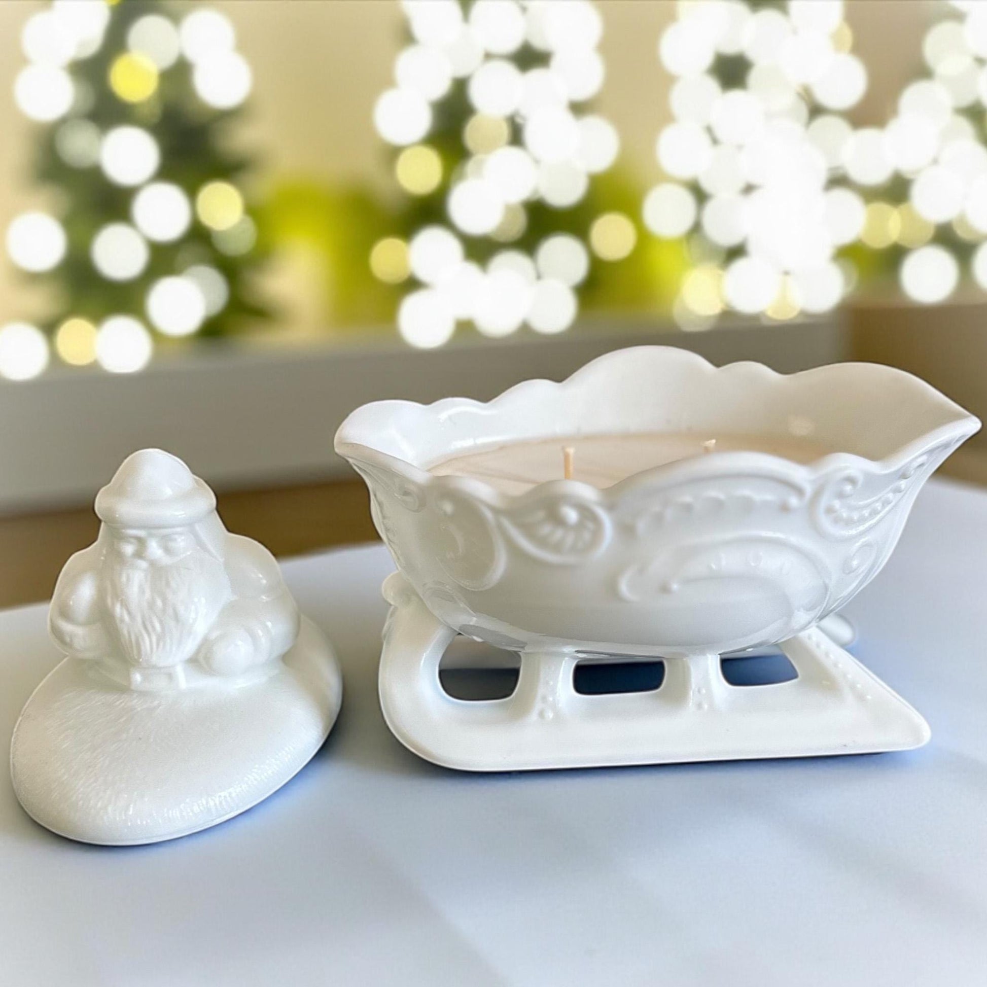 Soy Candle in Mosser Glass Santa Sleigh Candy Dish, Vintage-Inspired Milk Glass Candle, Holiday Gift Décor