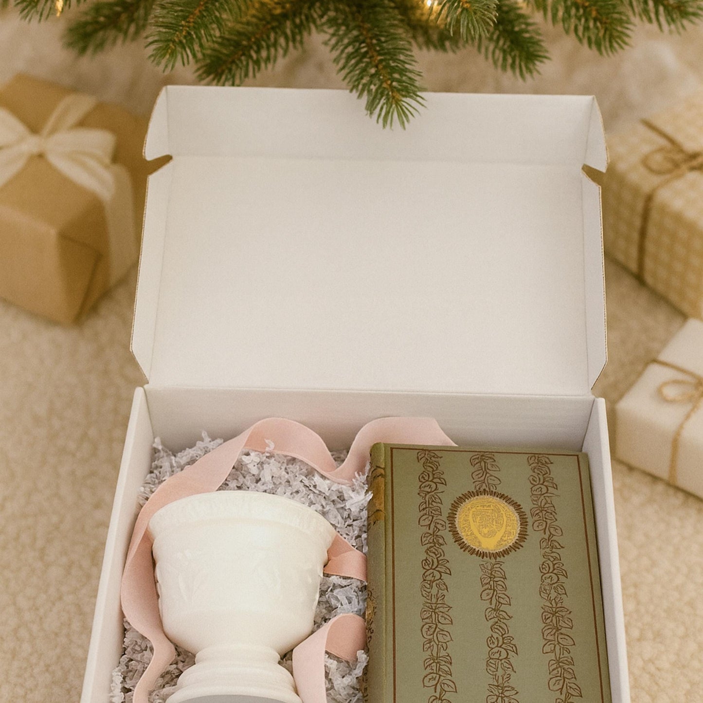 Candlelit Christmas Classics Gift Set – Vintage Milk Glass Candle, Antique Whittier Book